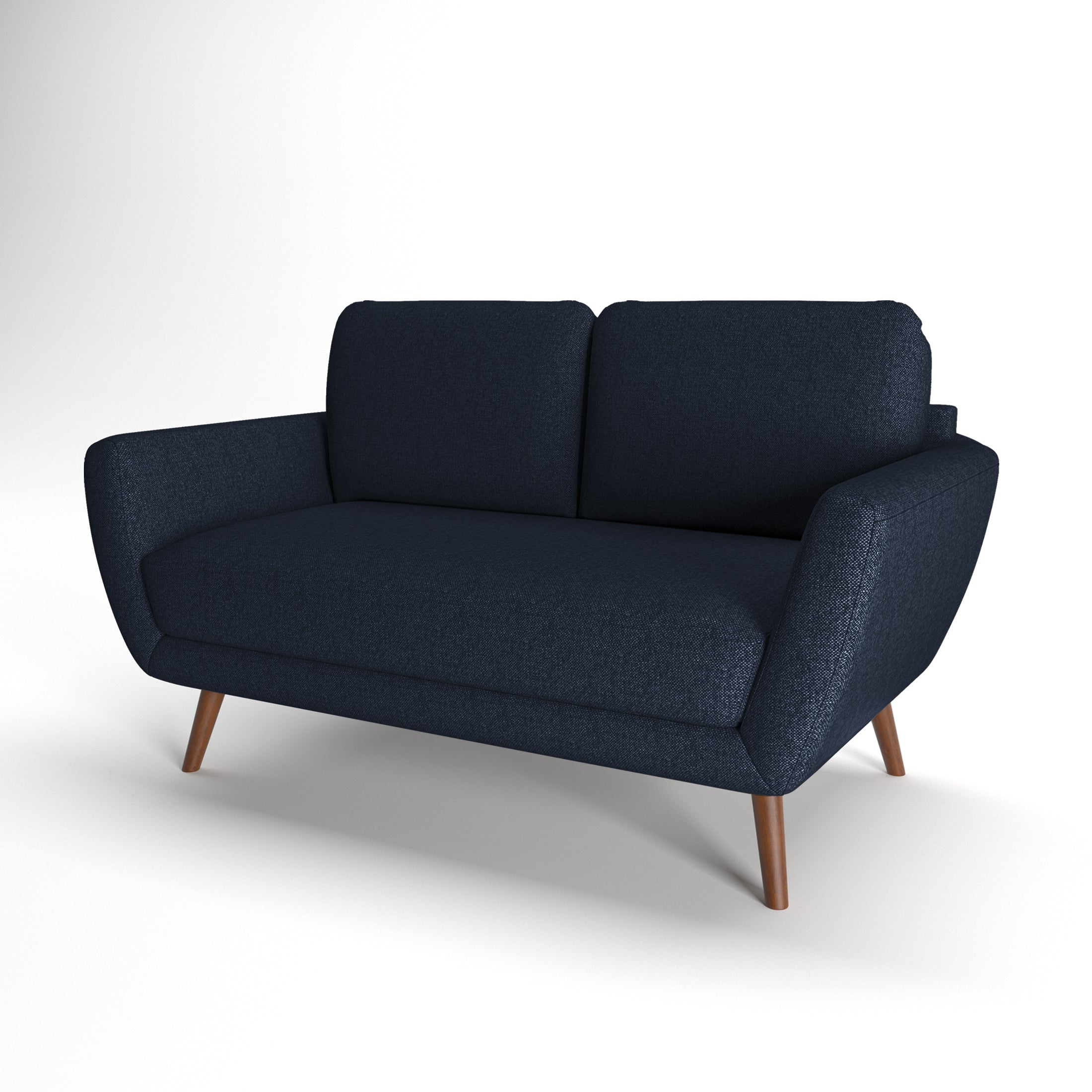 Oakland Loveseat in Navy Blue shown from a front angled view, highlighting its two back cushions, deep seat, curved arms, woven upholstery, and brown legs