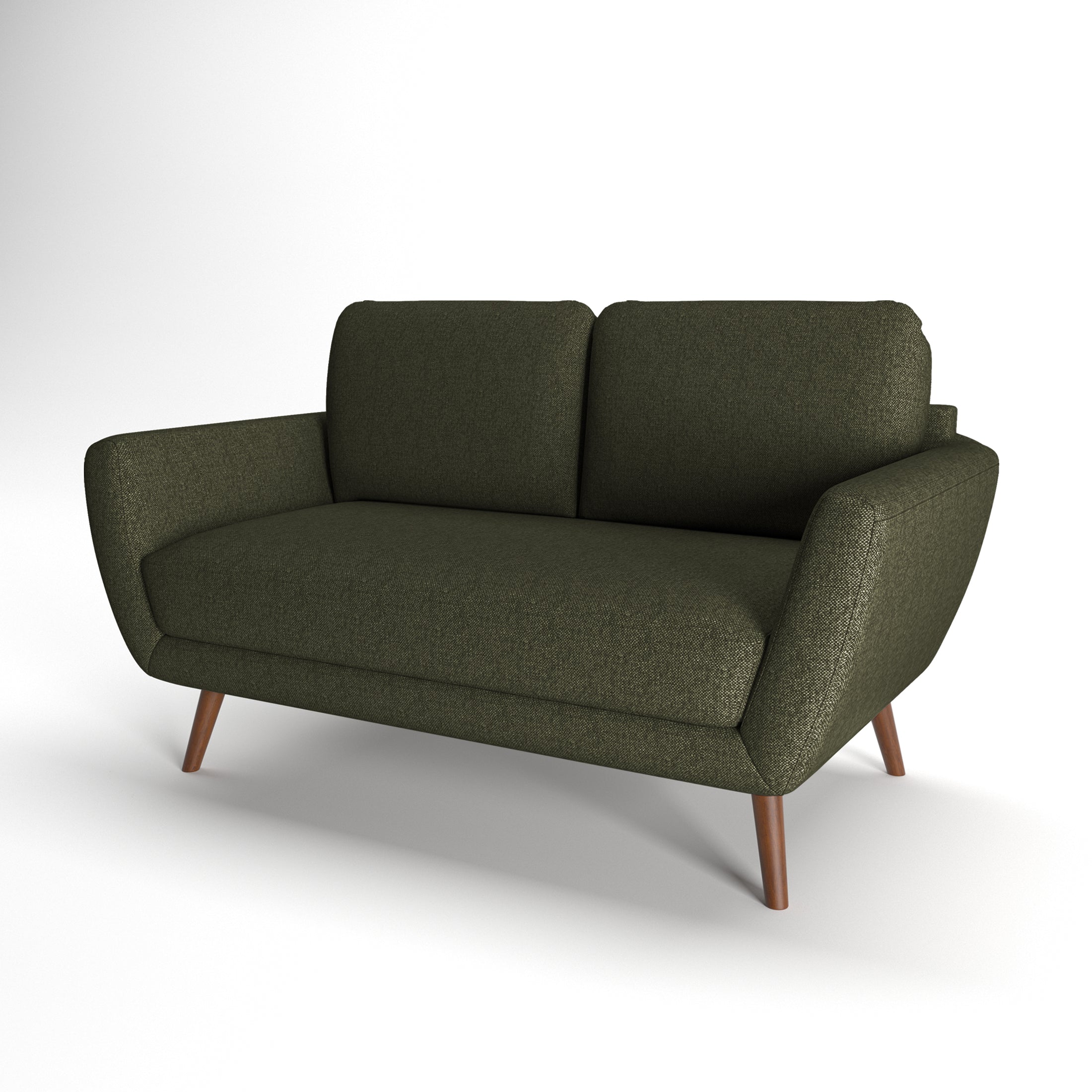 Oakland Loveseat in Olive Green shown from a front angled view, highlighting two back cushions, a deep seat, curved arms, textured upholstery, and brown legs