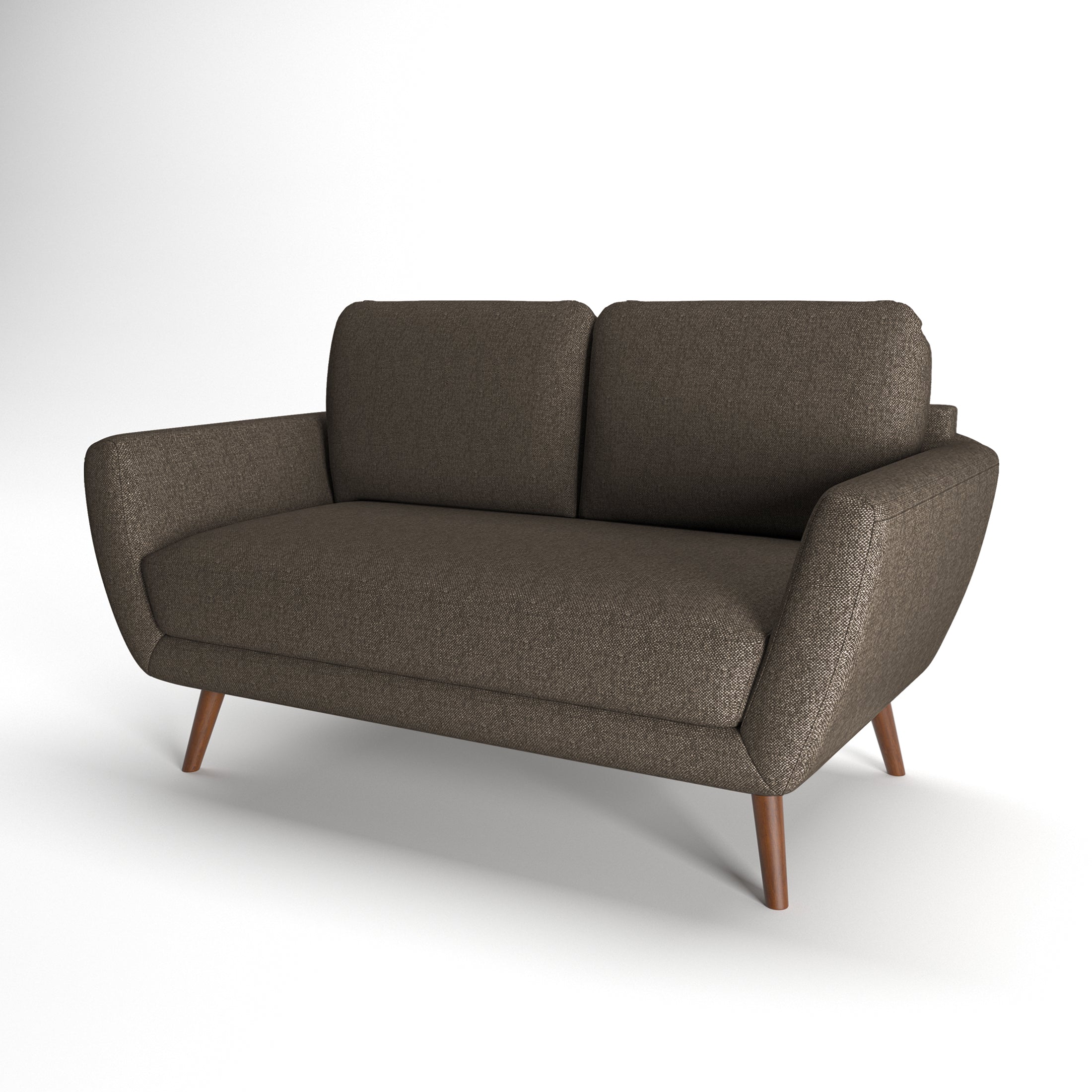 Oakland Loveseat in Driftwood Brown shown from a front angled view, highlighting two back cushions, a deep seat, curved arms, woven upholstery, and brown legs