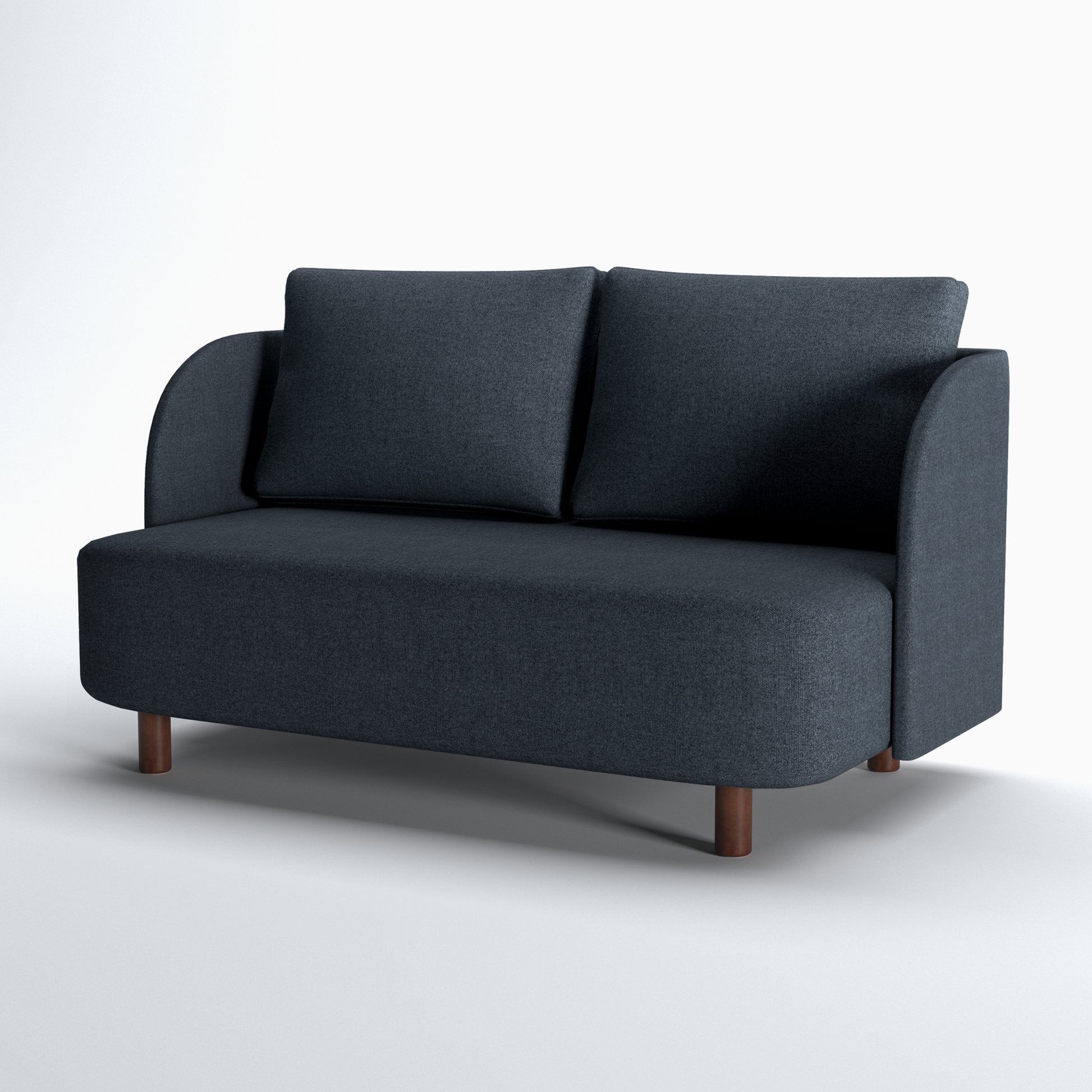 Nora Loveseat in Navy Blue shown at an angle, highlighting its two back cushions, deep upholstered seat, curved arms, rounded base, and brown legs.