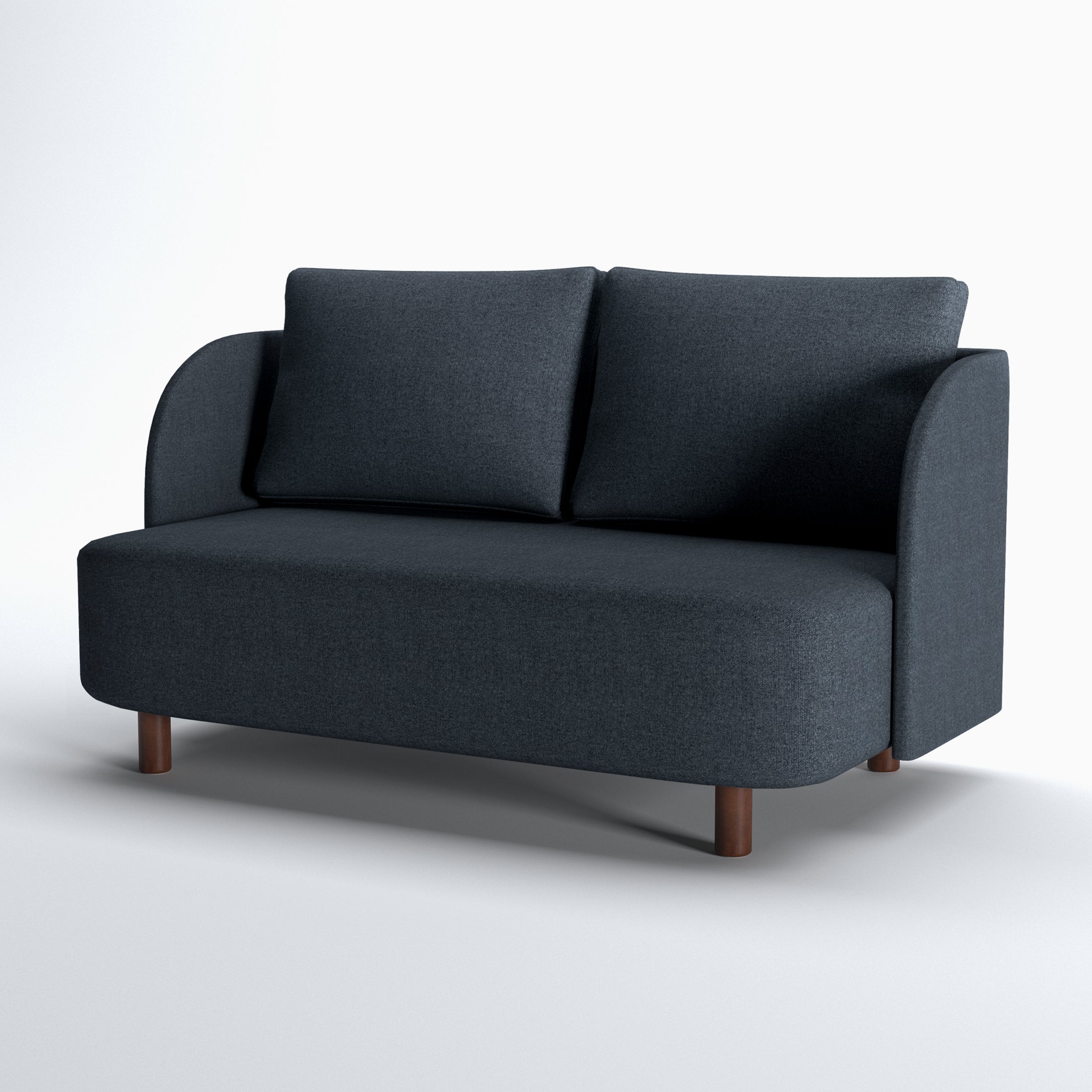 Nora Loveseat in Navy Blue shown at an angle, highlighting its two back cushions, deep upholstered seat, curved arms, rounded base, and brown legs.