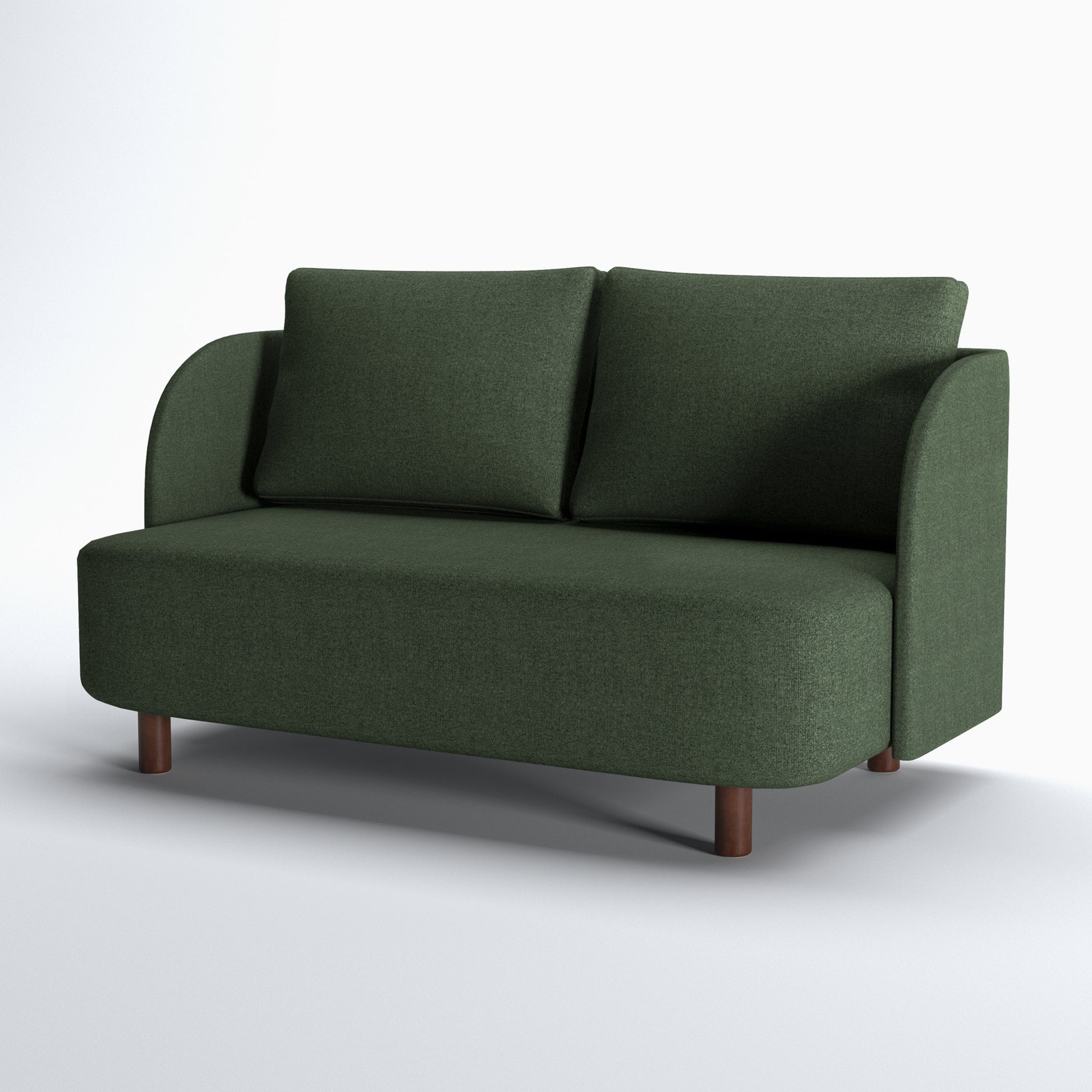 Nora Loveseat in Moss Green viewed from a front angle, featuring paired back cushions, a deep seat, curved side panels, and compact brown legs.