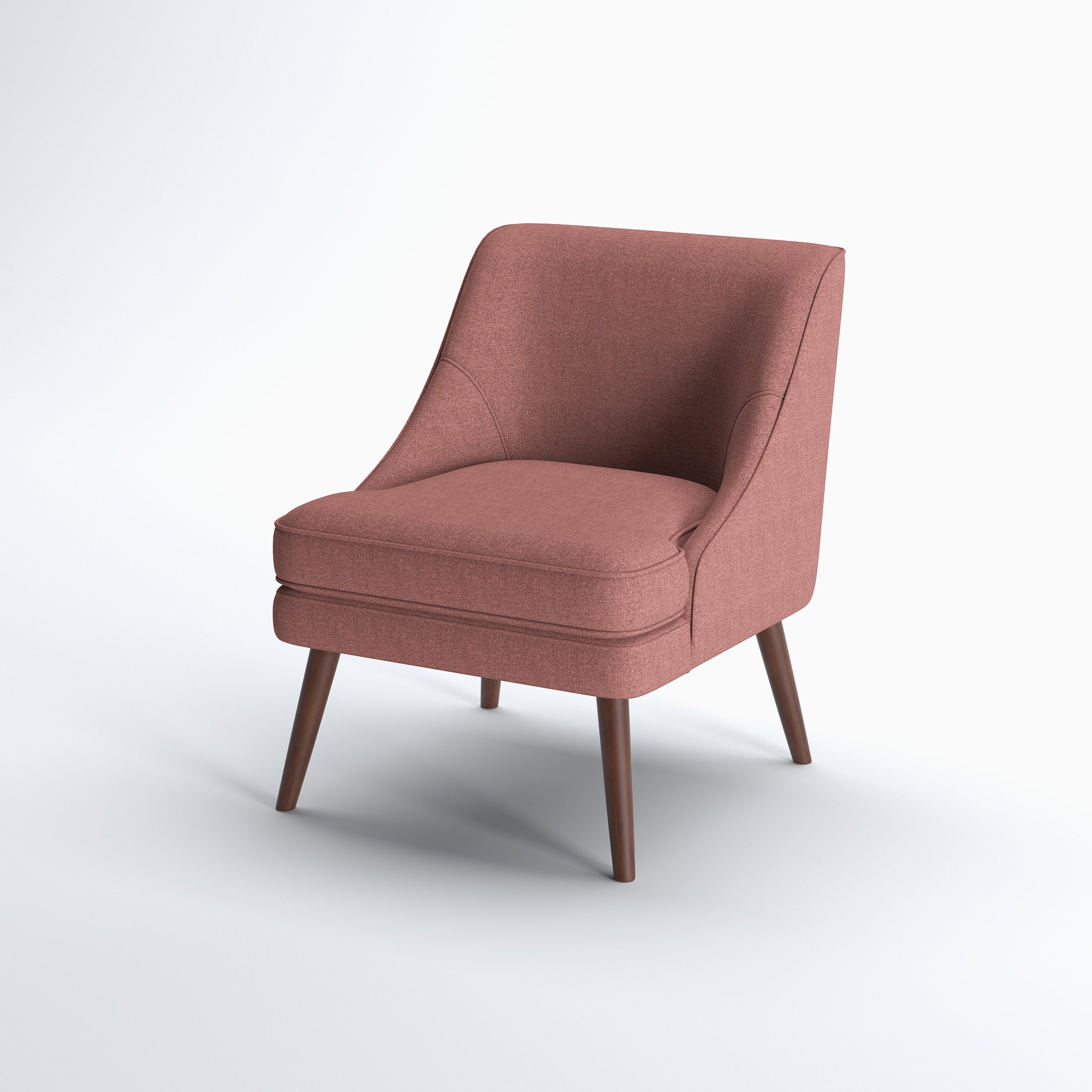 Dana Accent Chair in Faux Linen Dusty Rose shown from a front angle, highlighting its curved silhouette, wide cushioned seat, faux linen upholstery, and tapered legs