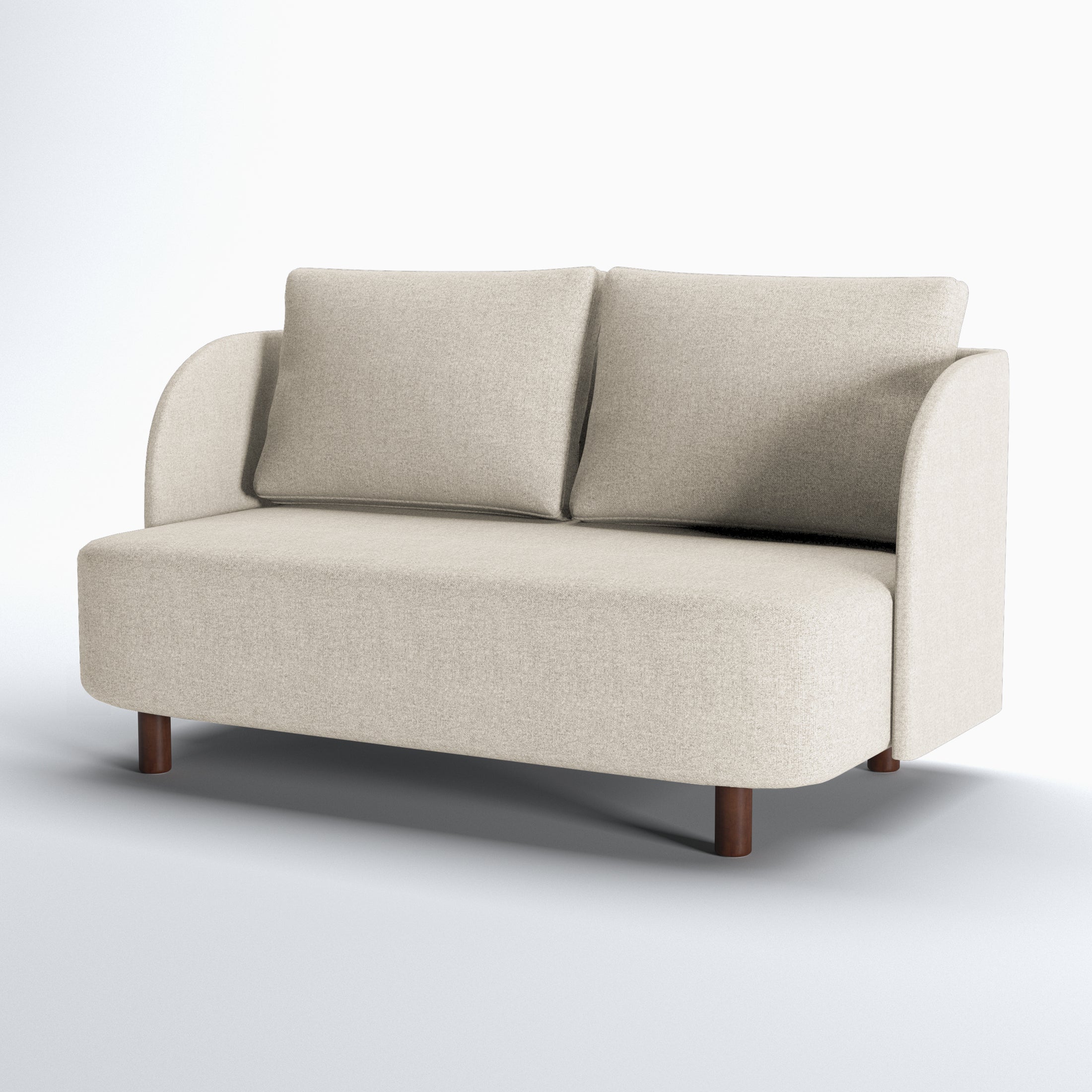 Nora Loveseat in Sandstone Beige shown from an angled perspective with paired back cushions, a deep rounded seat, curved arms, and low brown legs