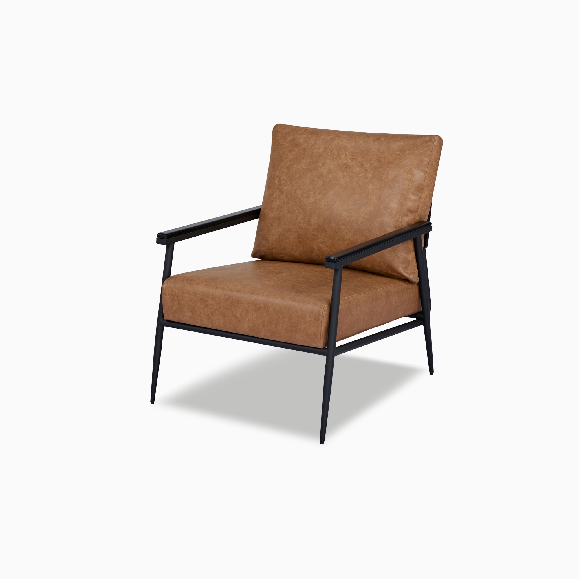 Parker Accent Chair in Faux Leather Light Brown shown from a front angle, highlighting its broad cushions, textured faux leather, open arms, and black metal frame