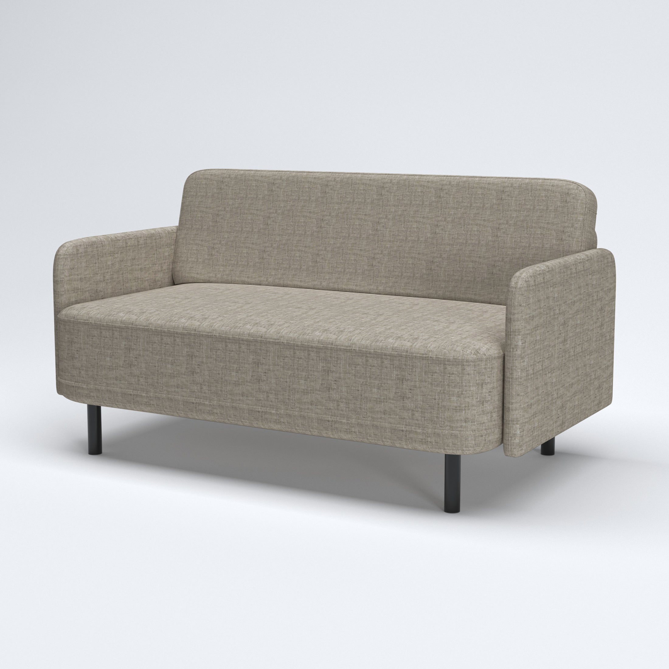 Metro Loveseat in Cloud Gray shown from a front angled view, highlighting its textured upholstery, wide seat, slim arms, rounded edges, and black legs