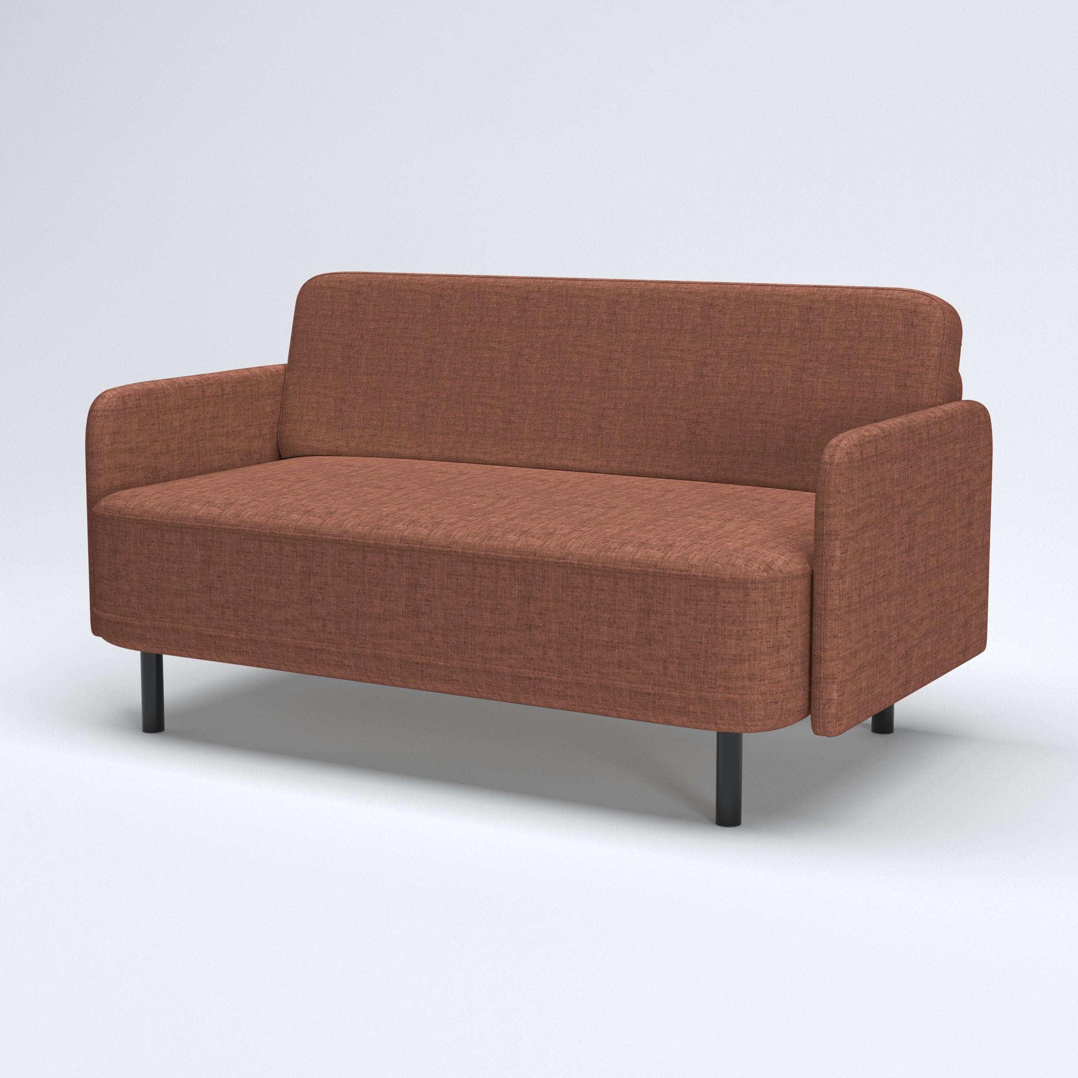 Metro Loveseat in Rosewood Blush shown from a front angled view, highlighting its textured upholstery, wide seat, slim arms, rounded edges, and black legs.