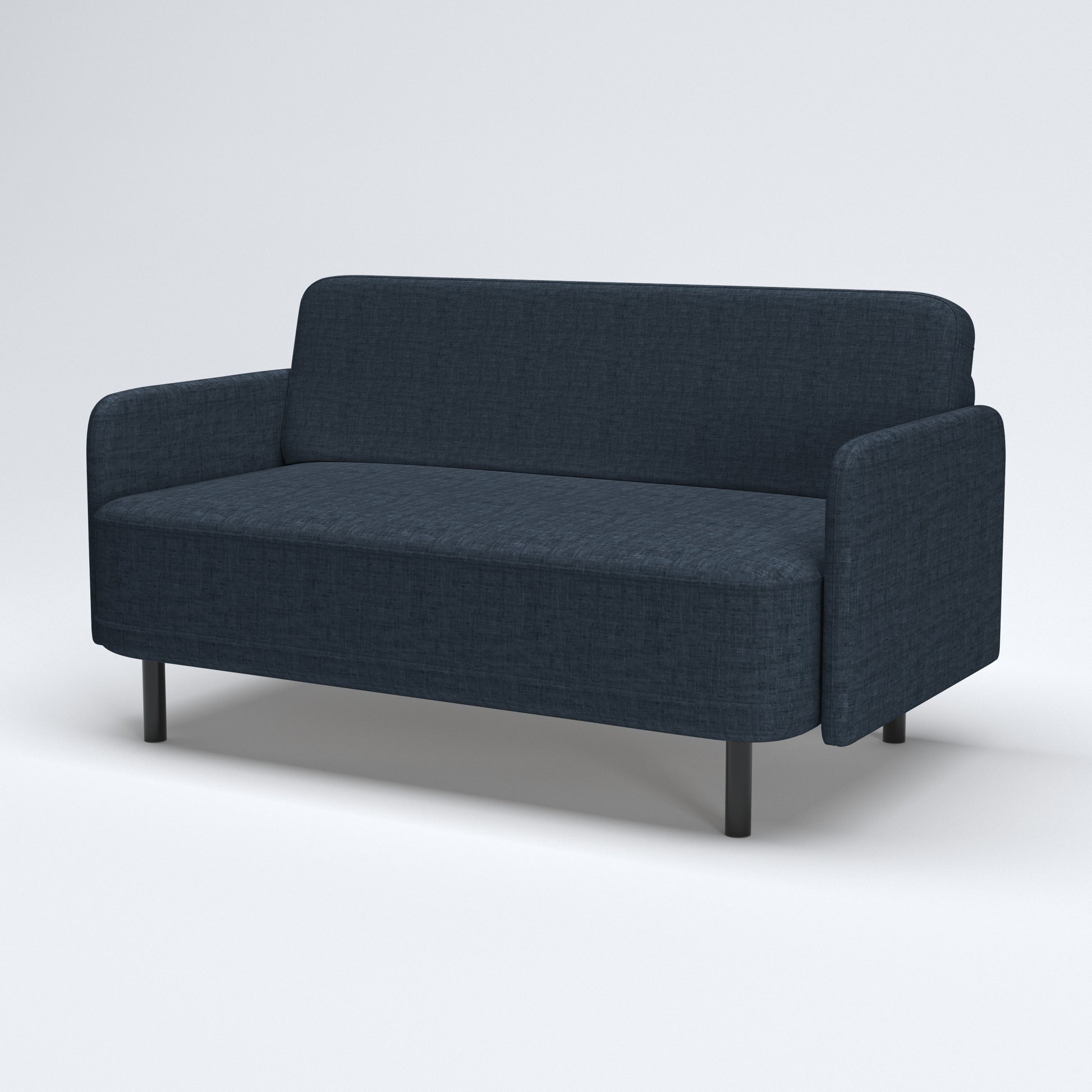 Metro Loveseat in Navy Blue shown at a front angle, displaying its textured upholstery, softly rounded edges, wide seat, slim arms, and short black legs.