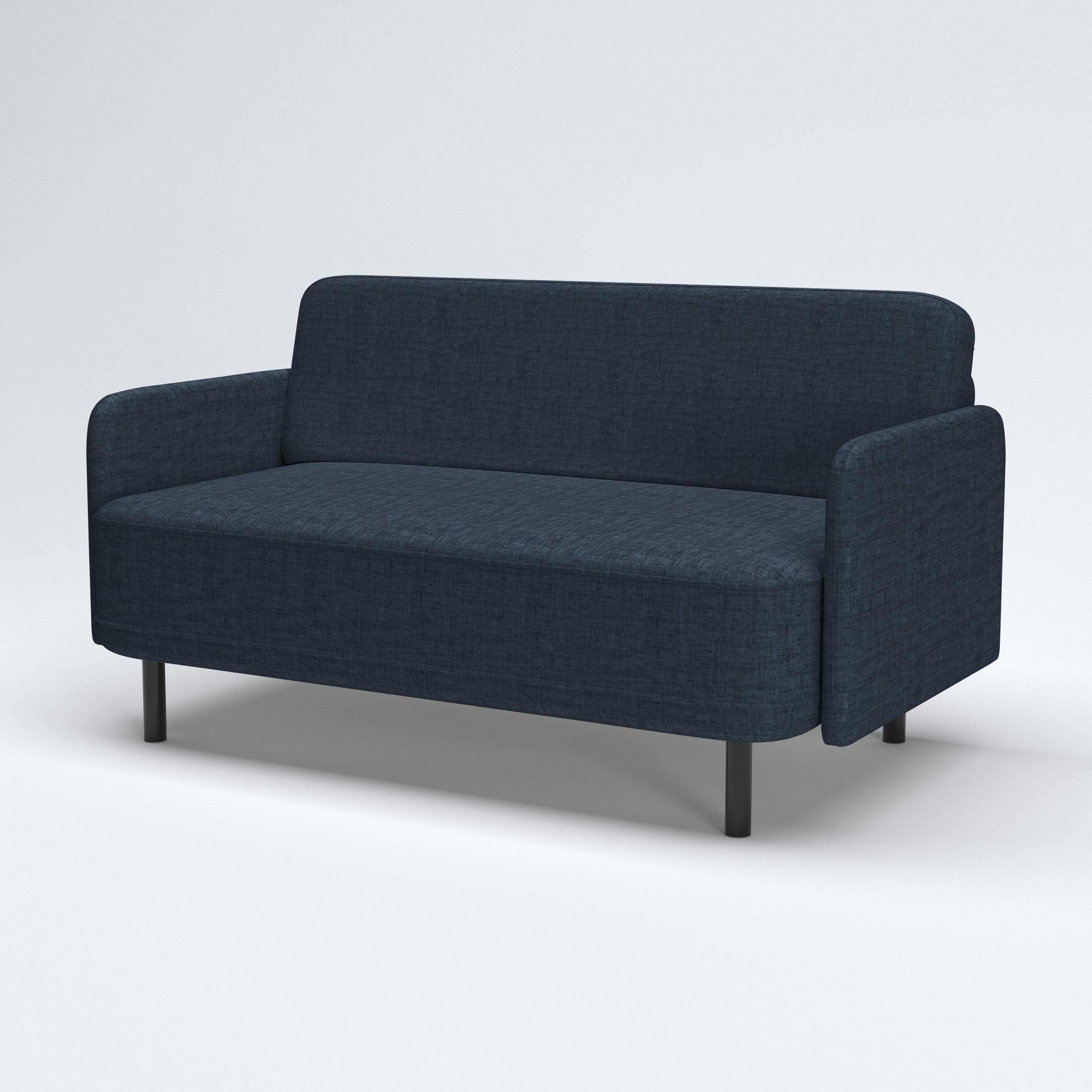 Metro Loveseat in Navy Blue shown at a front angle, displaying its textured upholstery, softly rounded edges, wide seat, slim arms, and short black legs.