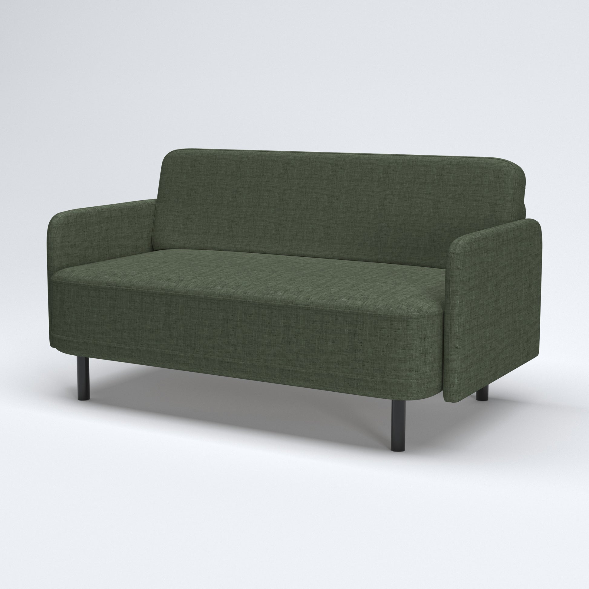 Metro Loveseat in Olive Green shown from a three-quarter angle, highlighting its textured fabric, rounded silhouette, wide seat, and black cylindrical legs.