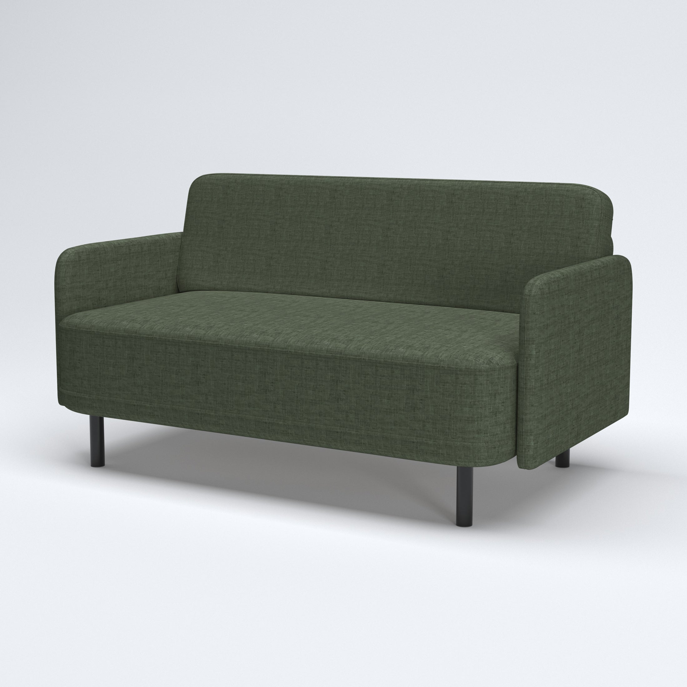 Metro Loveseat in Olive Green shown from a three-quarter angle, highlighting its textured fabric, rounded silhouette, wide seat, and black cylindrical legs.