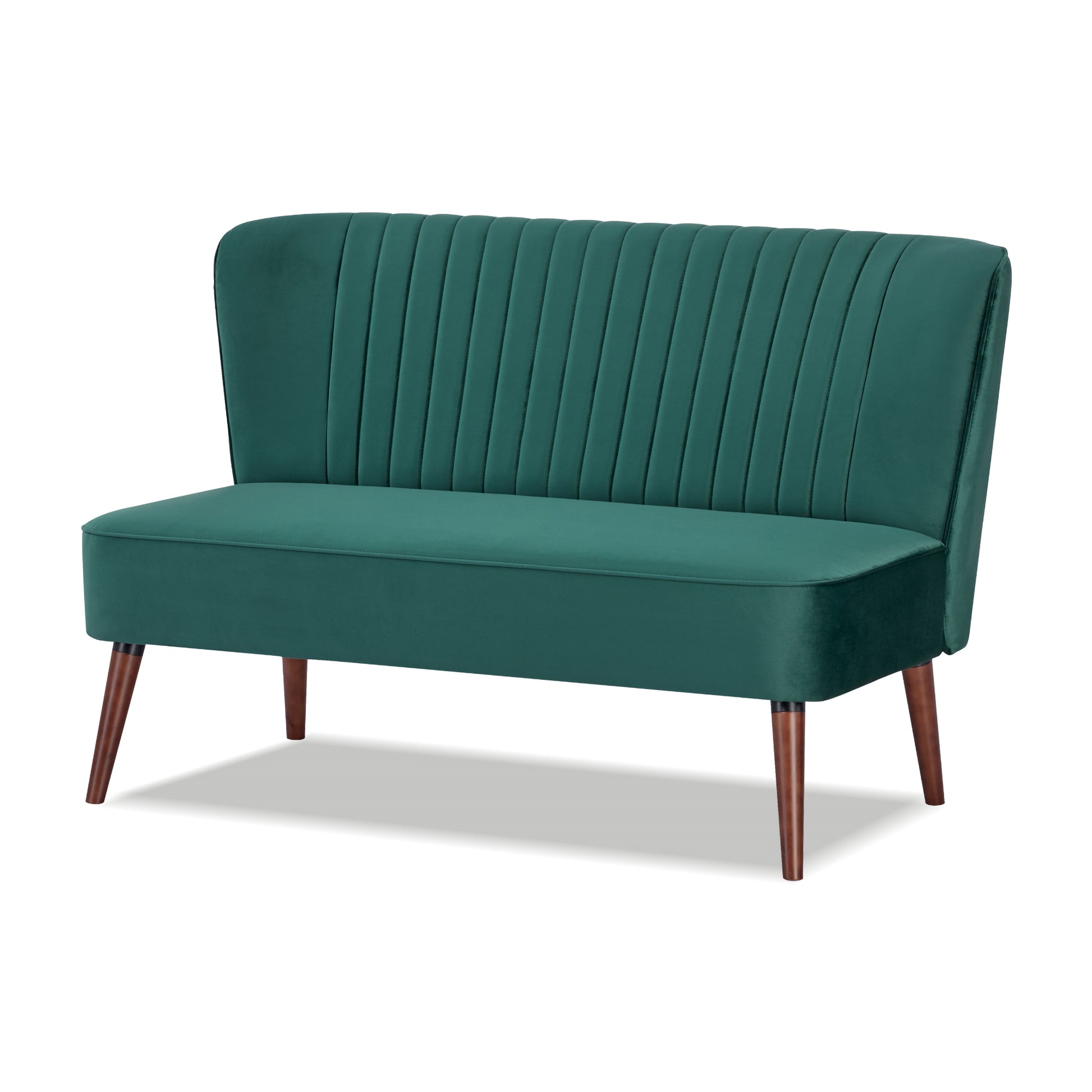 Hollywood Loveseat in Velvet Green shown from a front angle, highlighting its green velvet upholstery, vertical channel tufting, wide seat, and angled brown legs