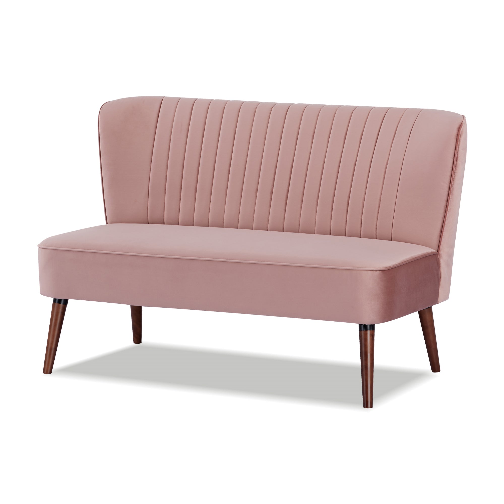Hollywood Loveseat in Velvet Blush shown from a front angle, highlighting its blush velvet upholstery, vertical channel tufting, wide seat, and angled brown legs