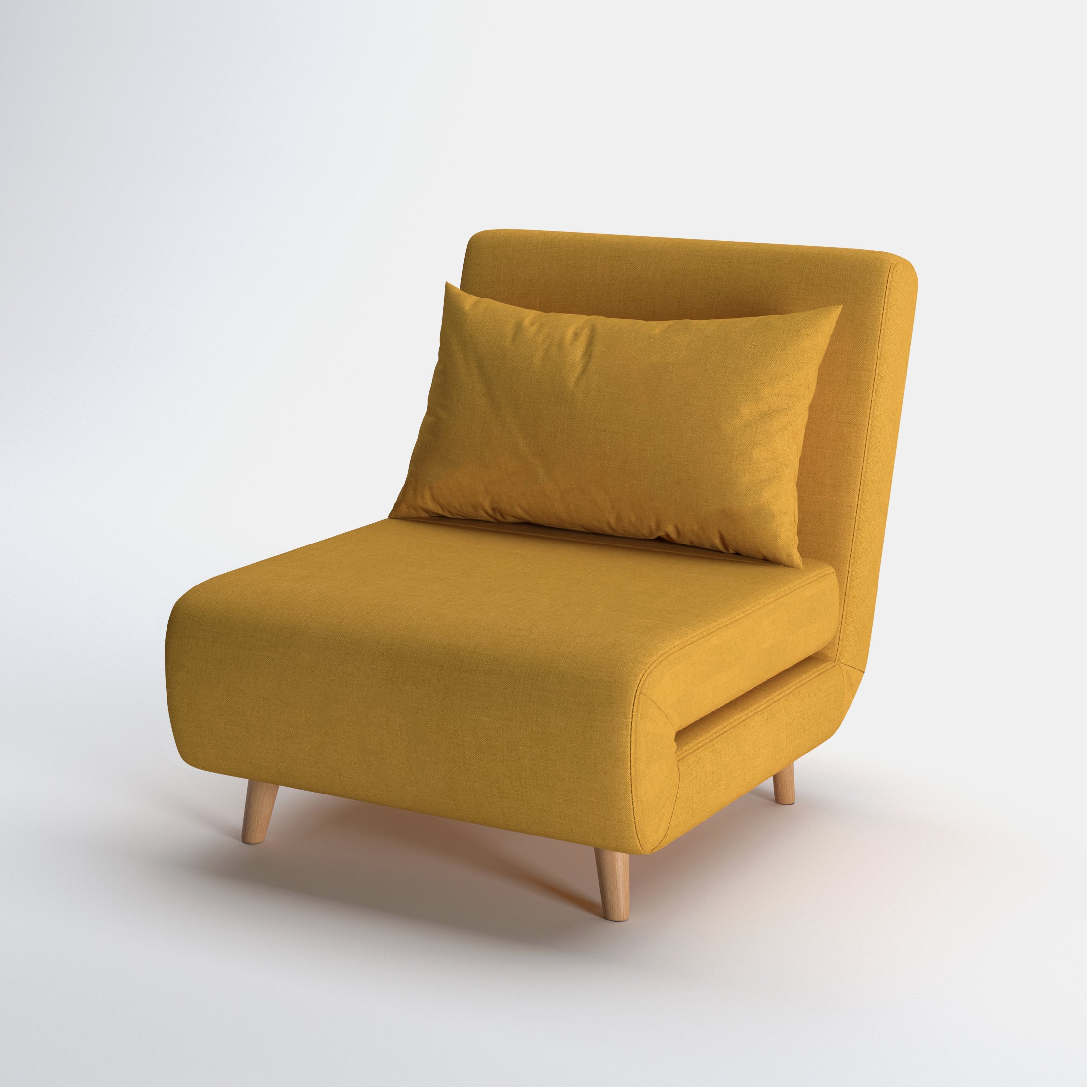 Tustin Convertible Chair in Mustard shown from a front angle, highlighting its textured upholstery, rounded seat, matching pillow, and angled natural wood legs.