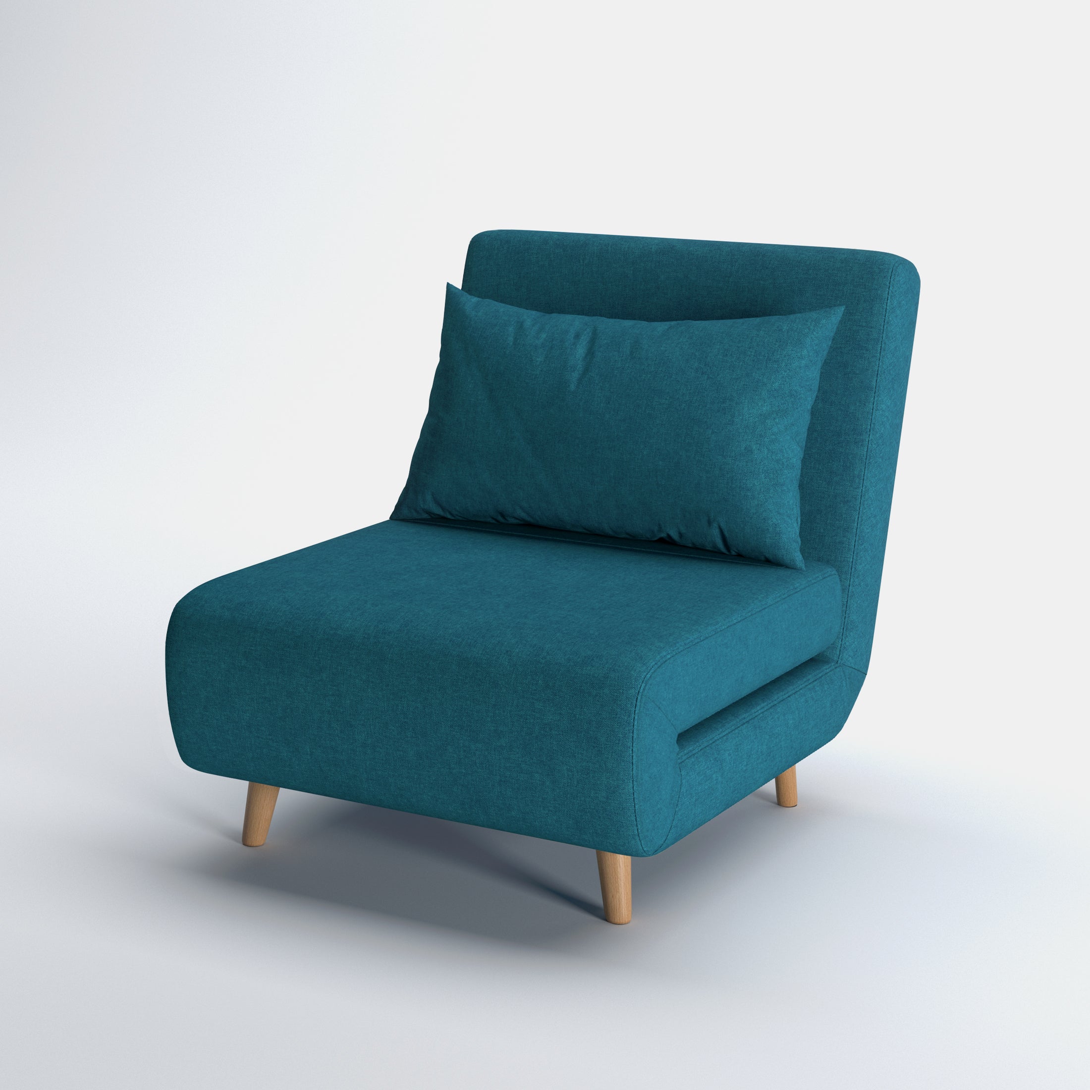 Tustin Convertible Chair in Peacock Blue shown from a front angle, highlighting its textured upholstery, rounded seat, matching pillow, and angled natural wood legs.