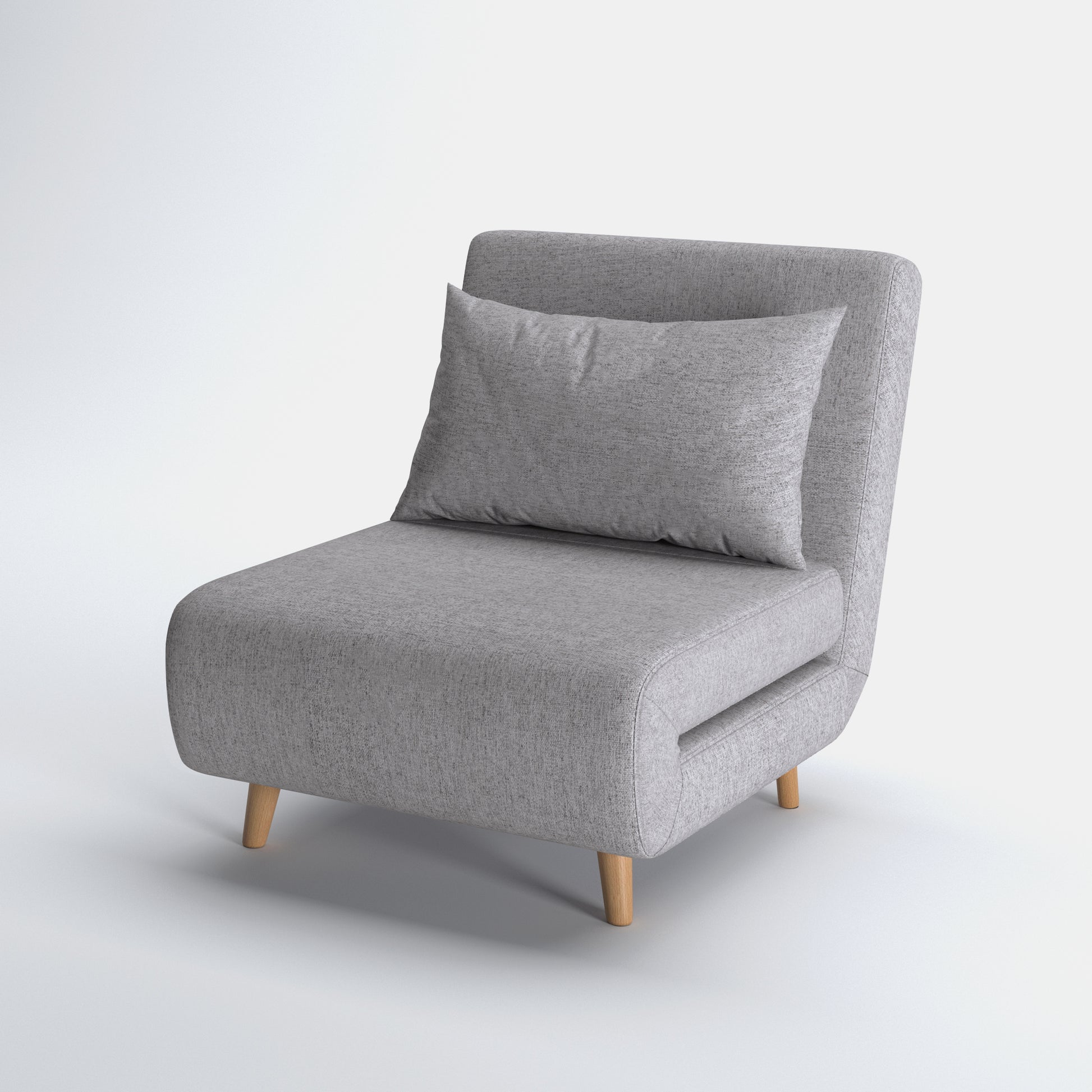 Tustin Convertible Chair in Moonlight shown from a front angle, highlighting its textured upholstery, rounded seat, matching pillow, and angled natural wood legs.