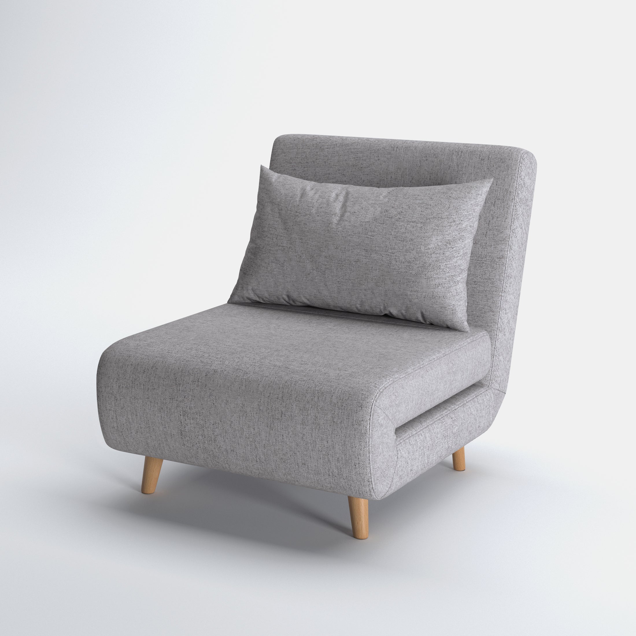 Tustin Convertible Chair in Moonlight shown from a front angle, highlighting its textured upholstery, rounded seat, matching pillow, and angled natural wood legs.