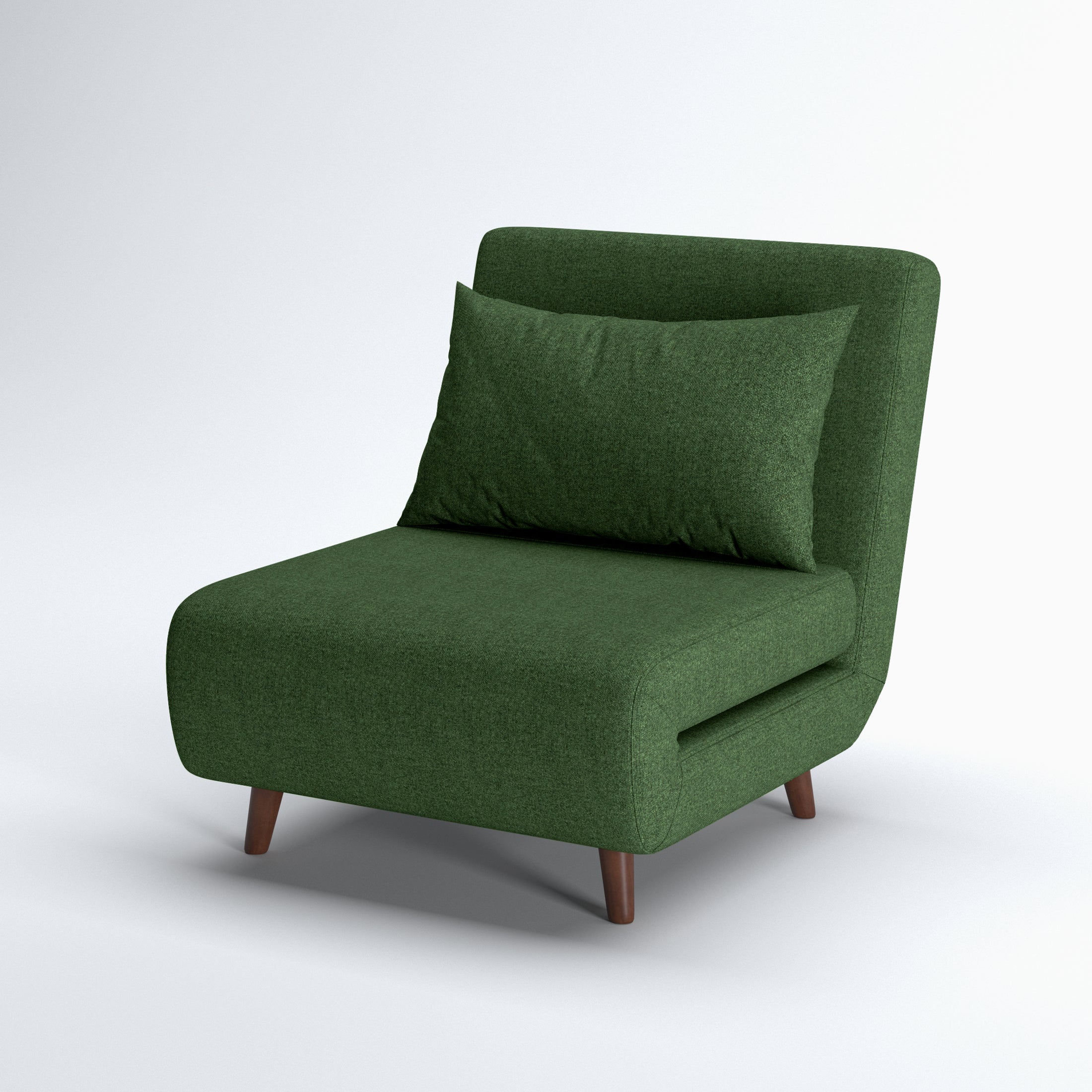 Tustin Convertible Chair in Green shown from a front angle, highlighting its textured upholstery, rounded seat, matching pillow, and angled dark brown wood legs