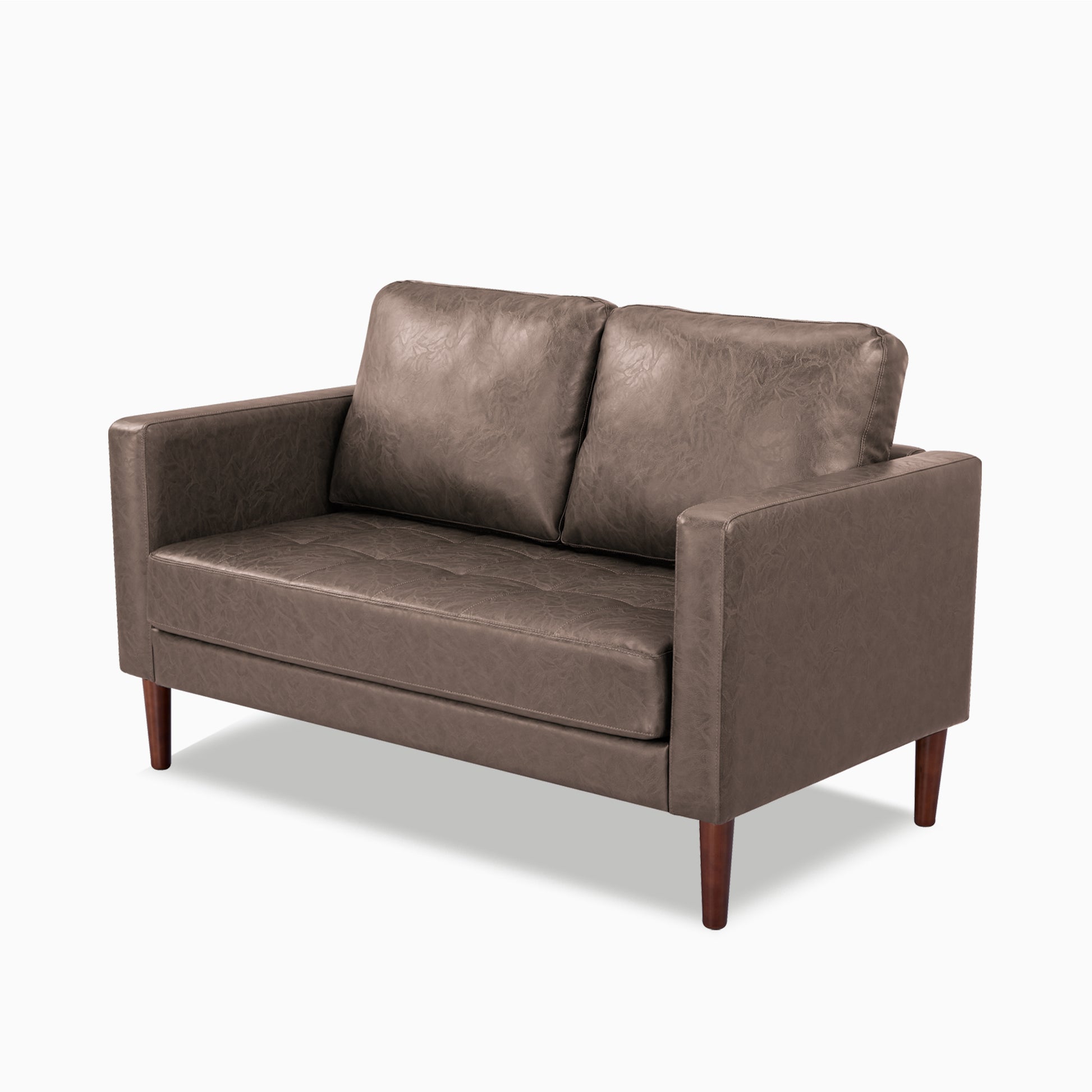 Orlando Loveseat in Faux Leather Brown shown from a front angle, highlighting its distressed faux leather finish, boxy arms, stitched cushions, and tapered legs.