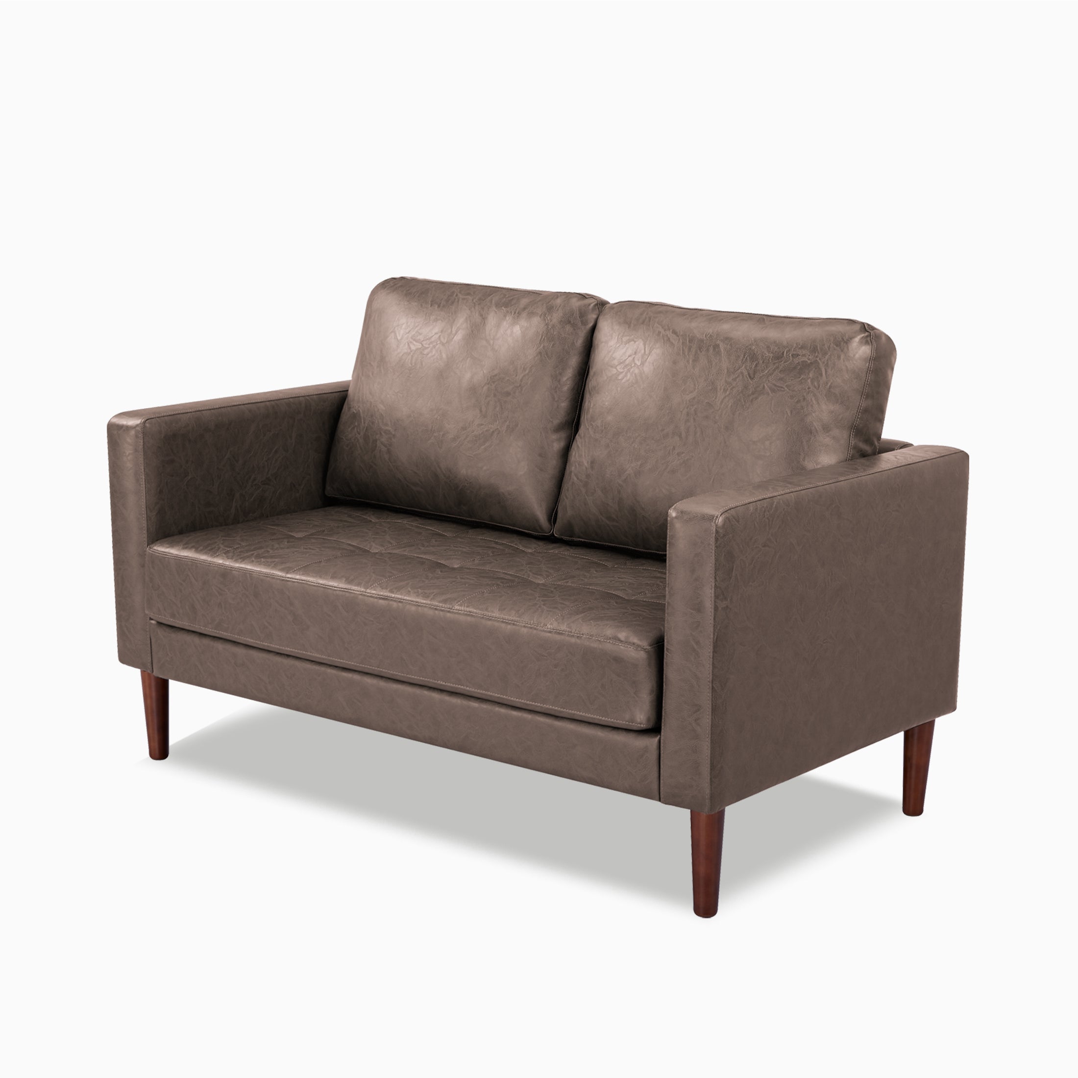 Orlando Loveseat in Faux Leather Brown shown from a front angle, highlighting its distressed faux leather finish, boxy arms, stitched cushions, and tapered legs.