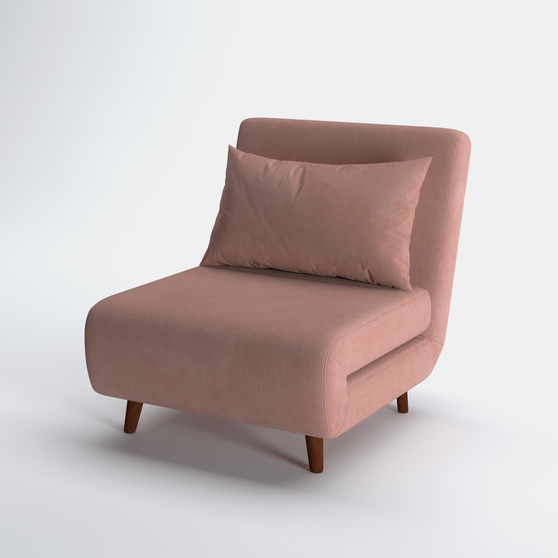 Tustin Convertible Chair in Velvet Blush shown from a front angle, highlighting its soft velvet upholstery, rounded seat, matching pillow, and angled dark brown wood legs
