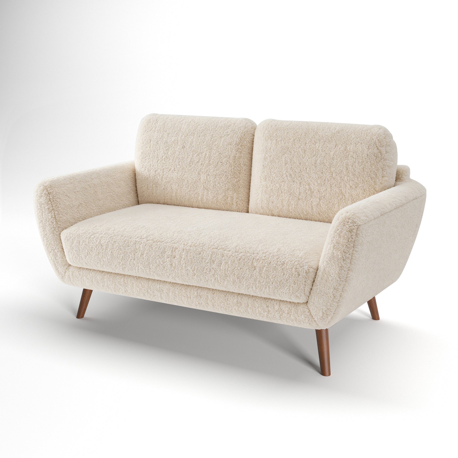 Oakland Loveseat in Boucle Ivory shown from a front angled view, highlighting its textured upholstery, two back cushions, wide seat, curved arms, and wood legs