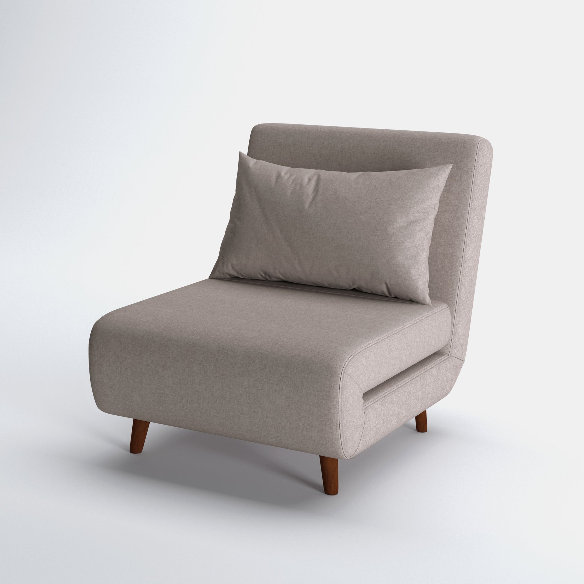 Tustin Convertible Chair in Beige shown from a front angle, highlighting its textured upholstery, rounded seat, matching pillow, and angled dark brown wood legs.