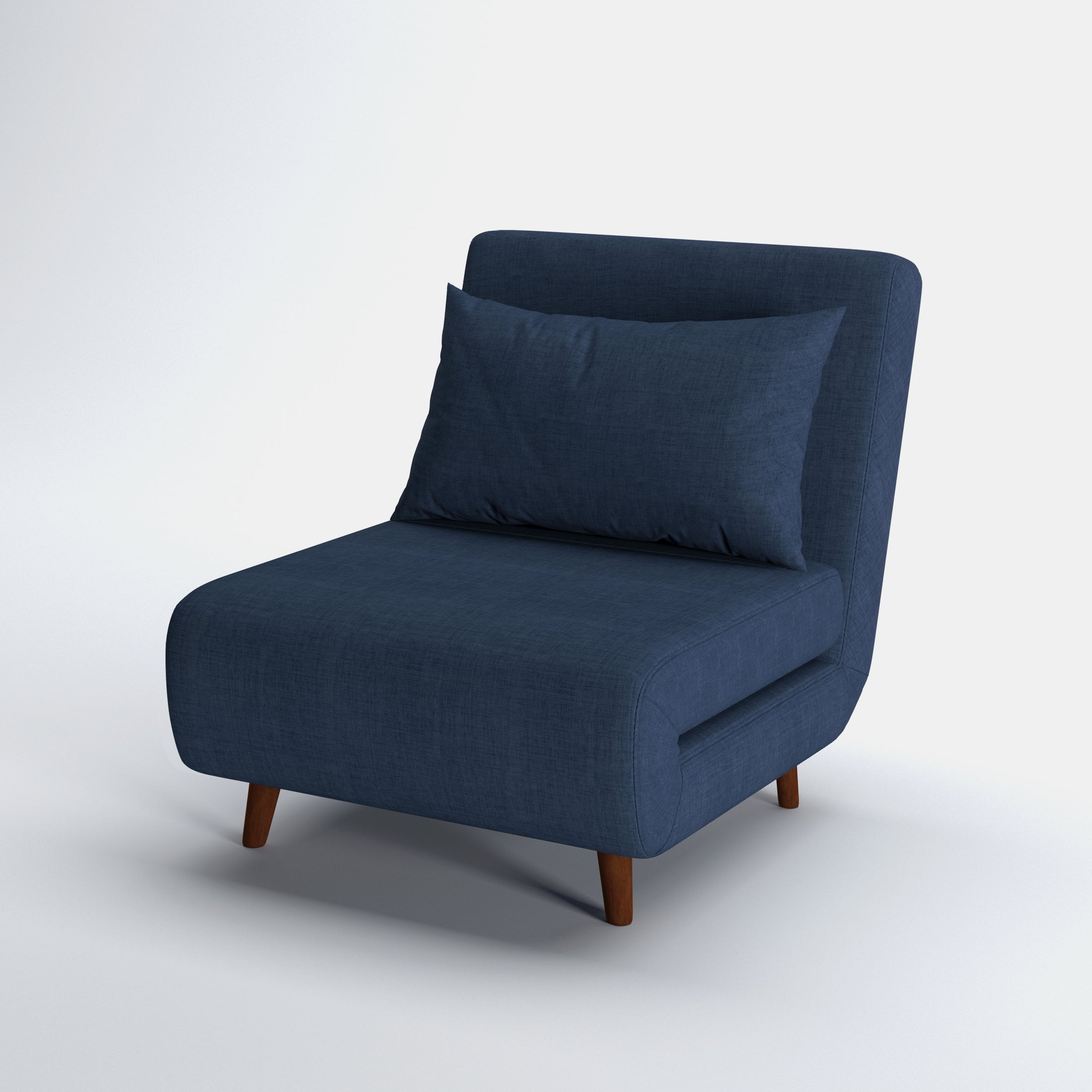 Tustin Convertible Chair in Blue shown from a front angle, highlighting its textured upholstery, rounded seat, matching pillow, and angled dark brown wood legs