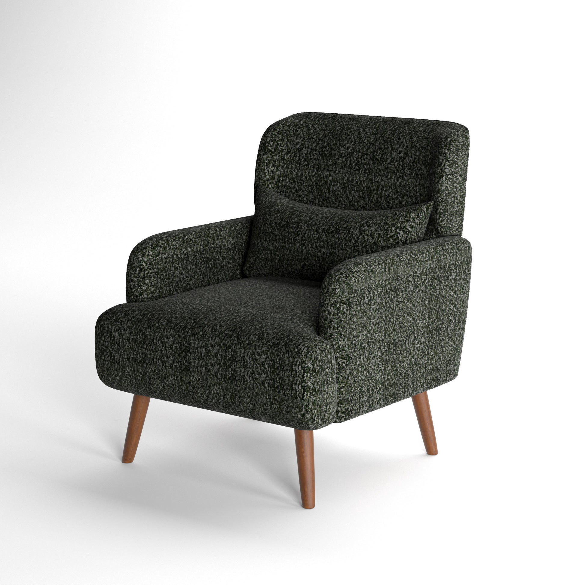 Arlo Accent Armchair in Evergreen Tweed Color shown from a front angled view, highlighting its plush seat cushion, textured tweed upholstery, curved armrests, and tapered wood legs
