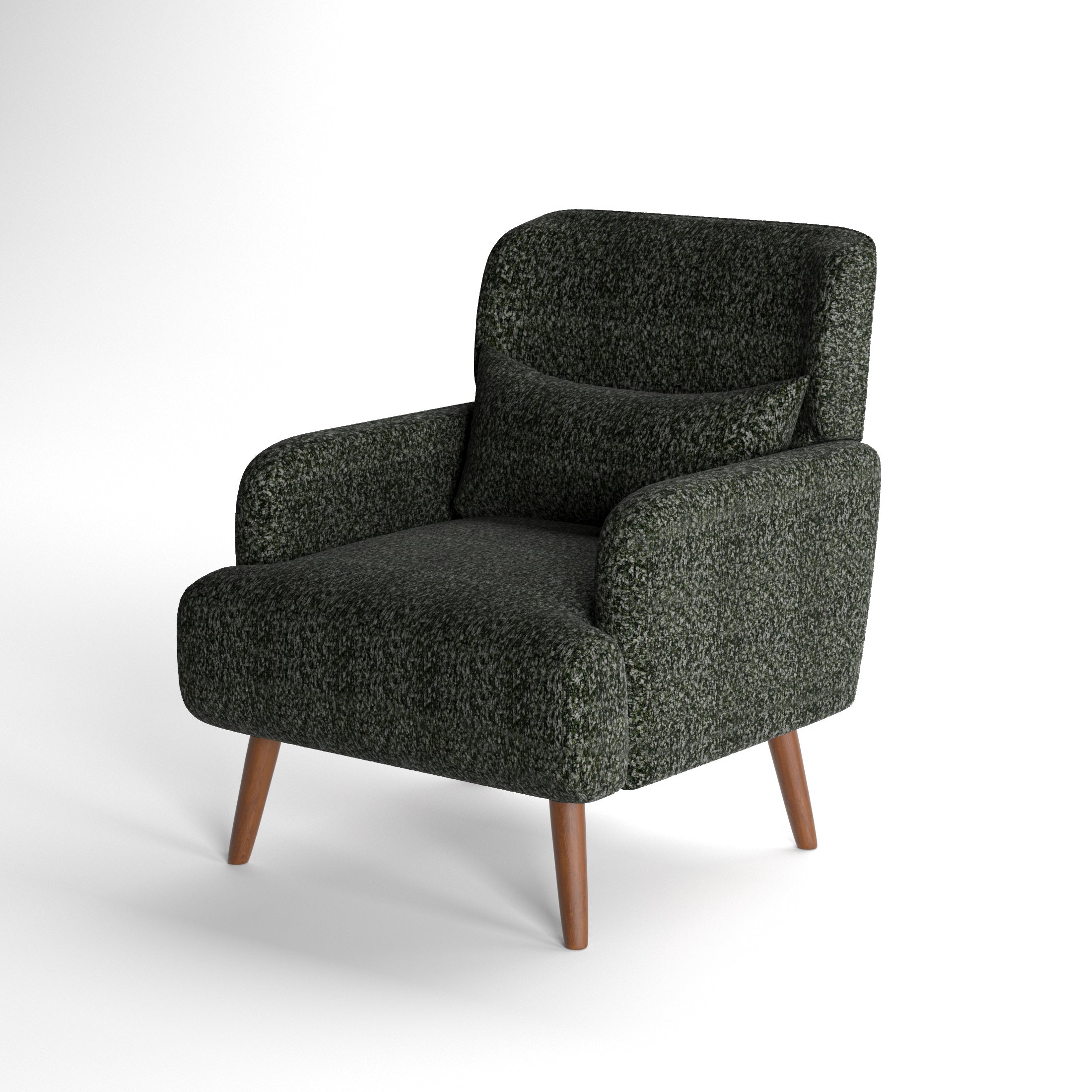 Arlo Accent Armchair in Evergreen Tweed Color shown from a front angled view, highlighting its plush seat cushion, textured tweed upholstery, curved armrests, and tapered wood legs