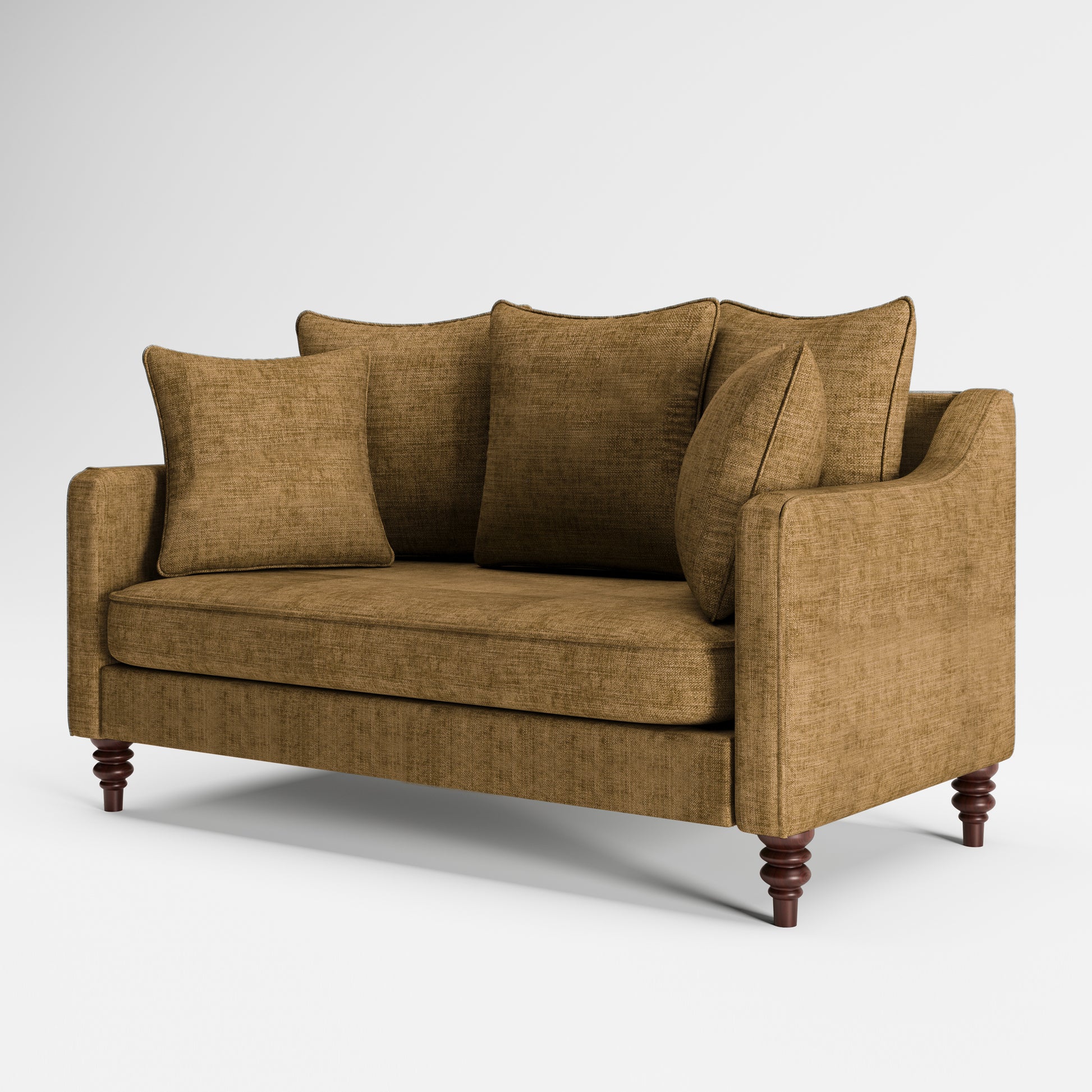 Madison Loveseat in Caramel Brown shown from a front angle, highlighting its textured upholstery, layered loose cushions, deep bench seat, slim arms, and turned wood legs.