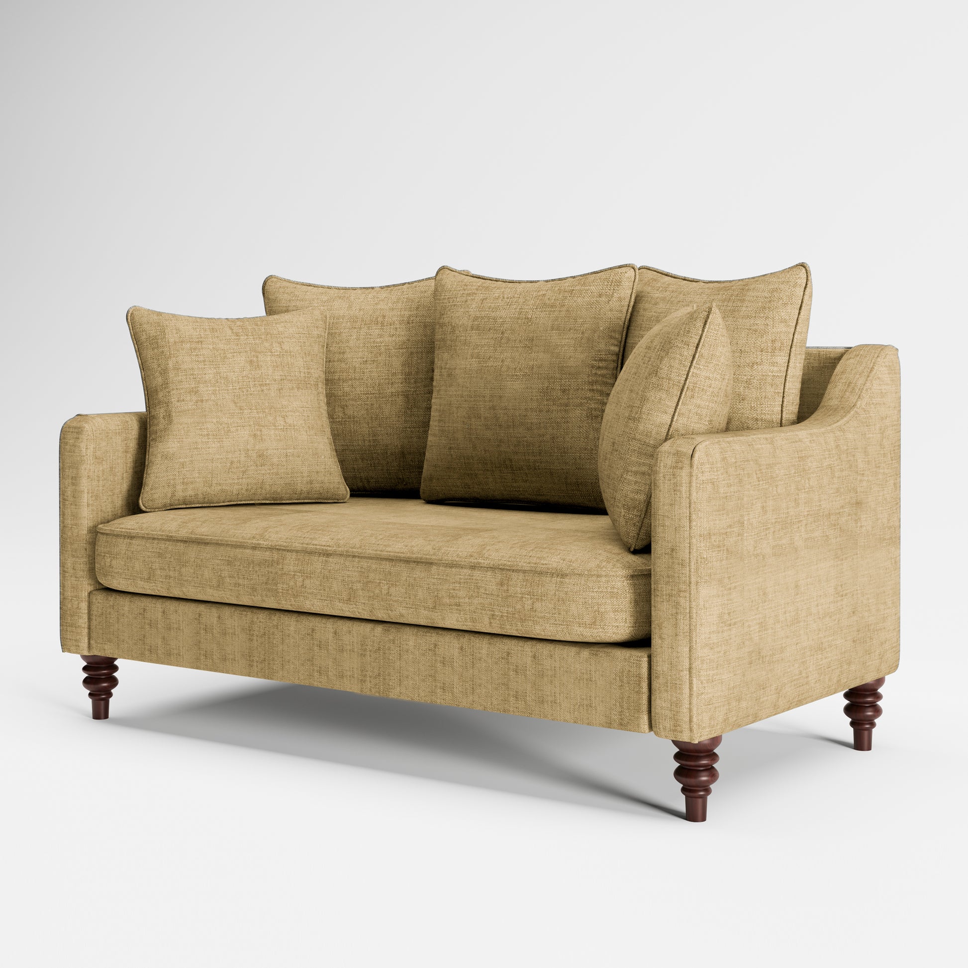 Madison Loveseat in Sand Beige shown from a front angle, highlighting its textured upholstery, layered loose cushions, deep bench seat, slim arms, and turned wood legs.