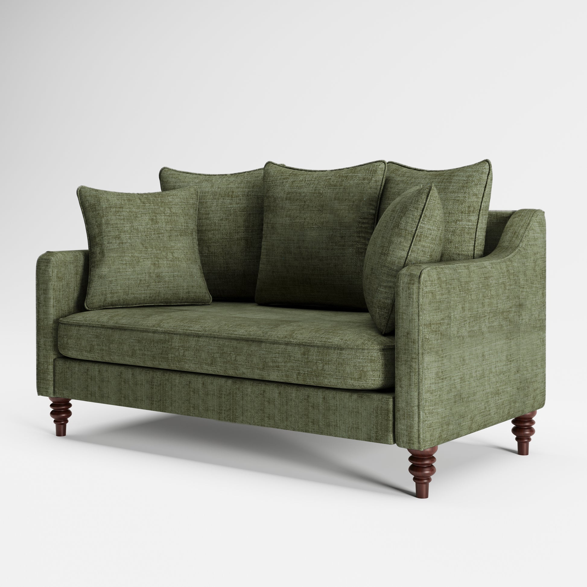 Madison Loveseat in Sage Green shown from a front angle, highlighting its textured upholstery, layered loose cushions, deep bench seat, slim arms, and turned wood legs.