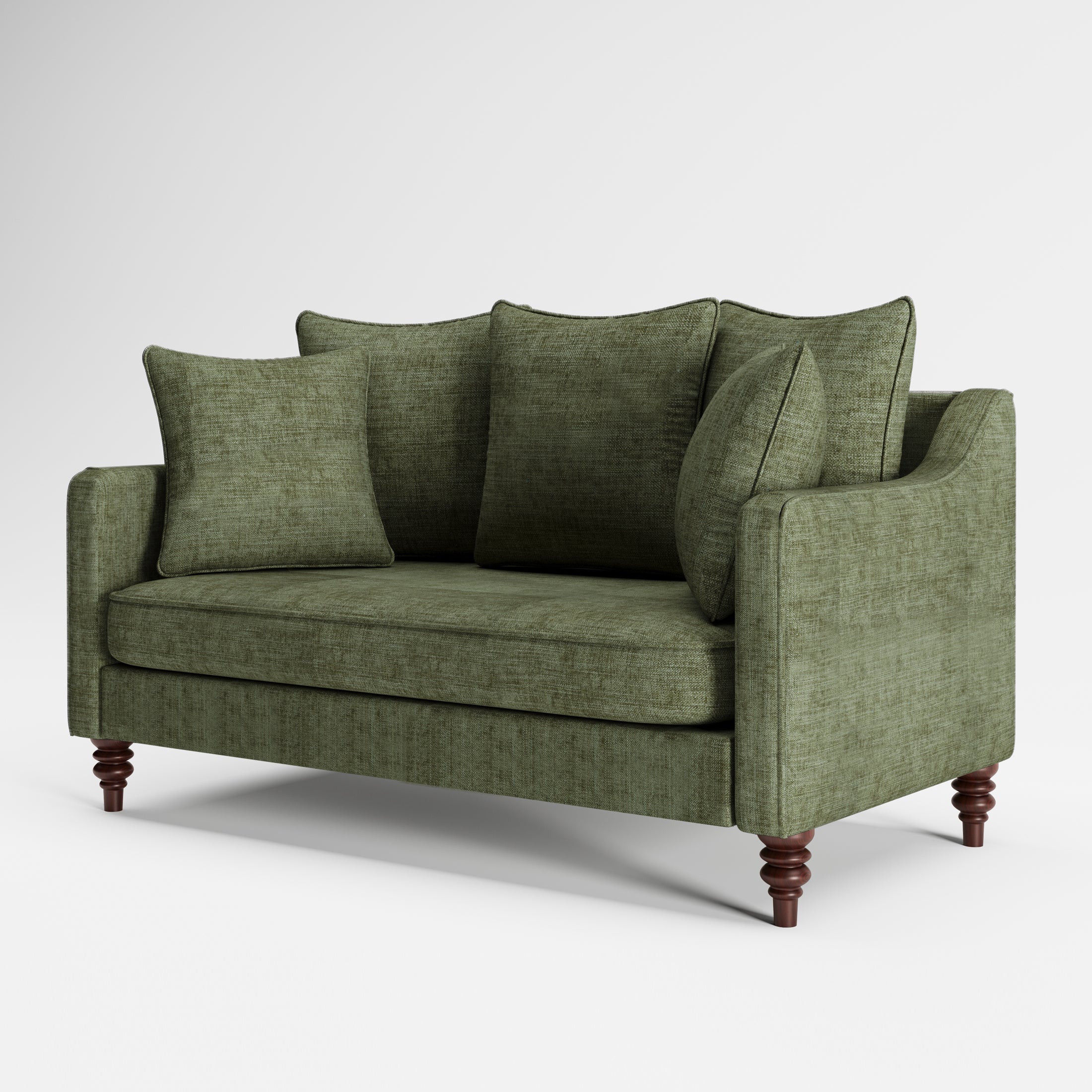 Madison Loveseat in Sage Green shown from a front angle, highlighting its textured upholstery, layered loose cushions, deep bench seat, slim arms, and turned wood legs.