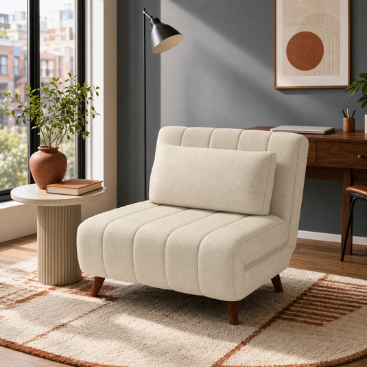 Cream convertible chair in a modern small-space home office with a walnut desk and terracotta accents.