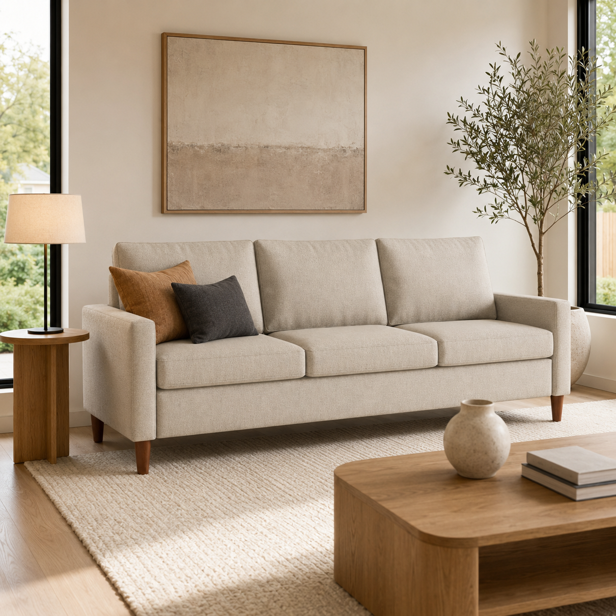 Light beige three-seat sofa styled in a warm modern American living room with natural oak furniture.