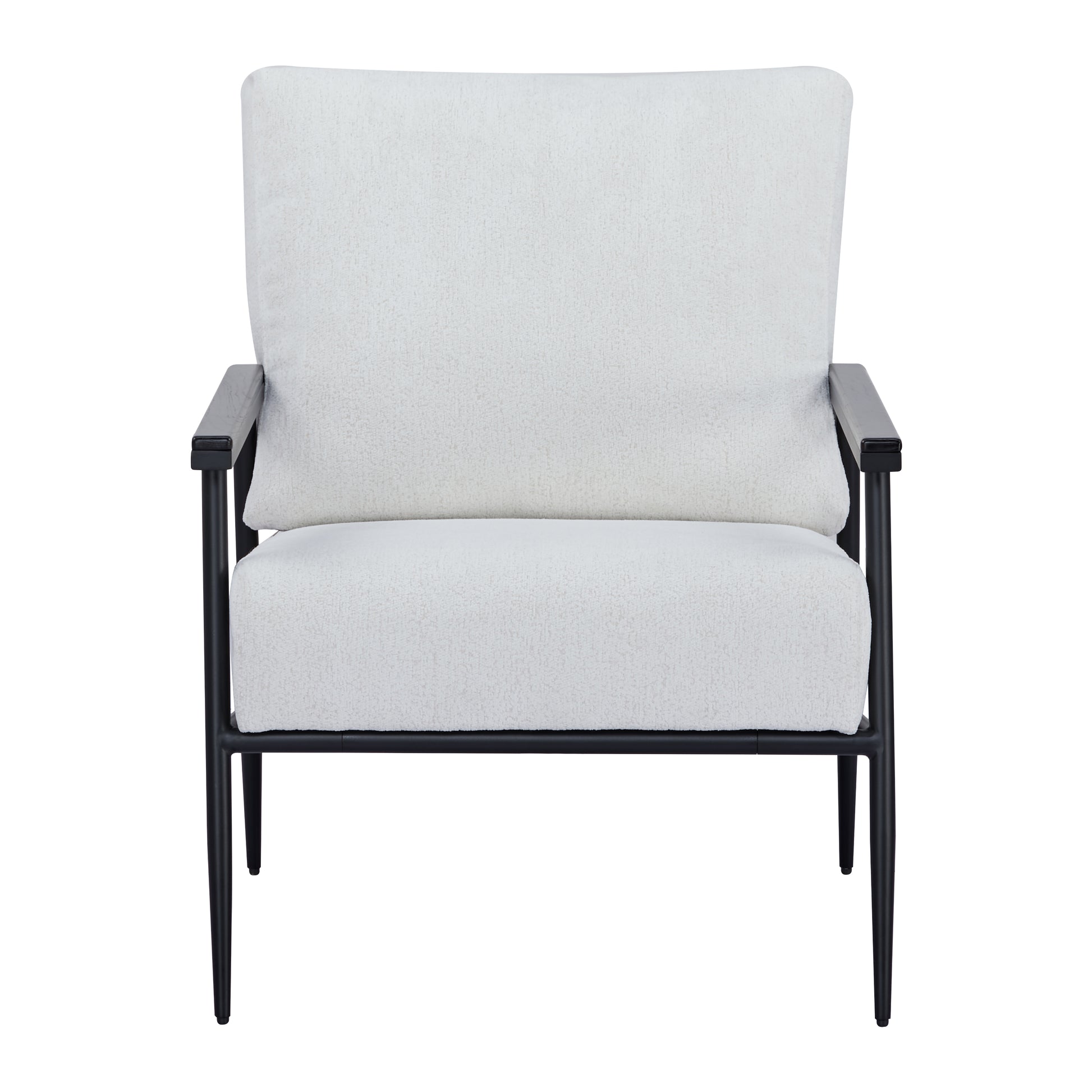 Parker Accent Chair in Sherpa Ivory shown from the front with a wide cushioned backrest, thick seat cushion, black armrests, and slim black frame
