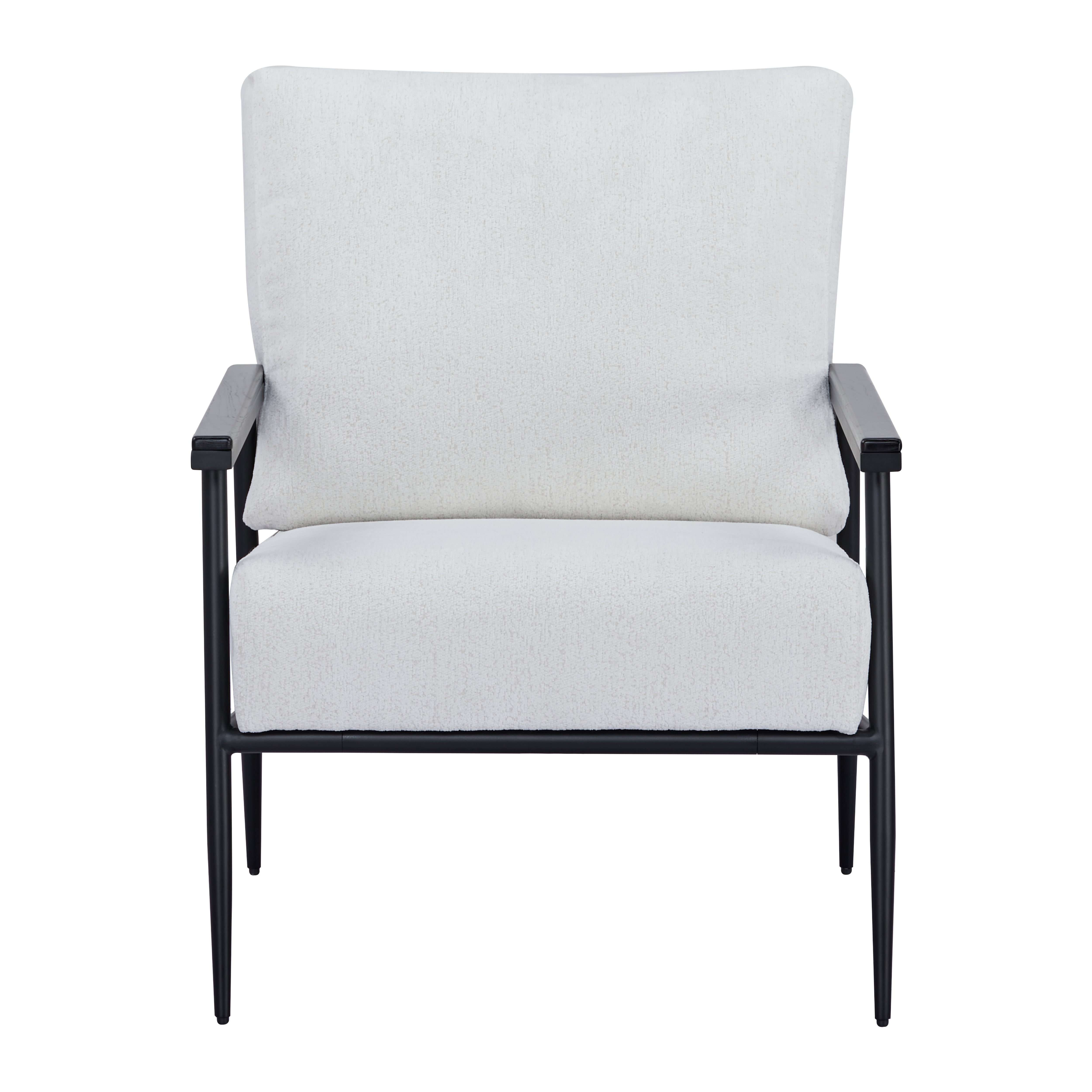 Parker Accent Chair in Sherpa Ivory shown from the front with a wide cushioned backrest, thick seat cushion, black armrests, and slim black frame