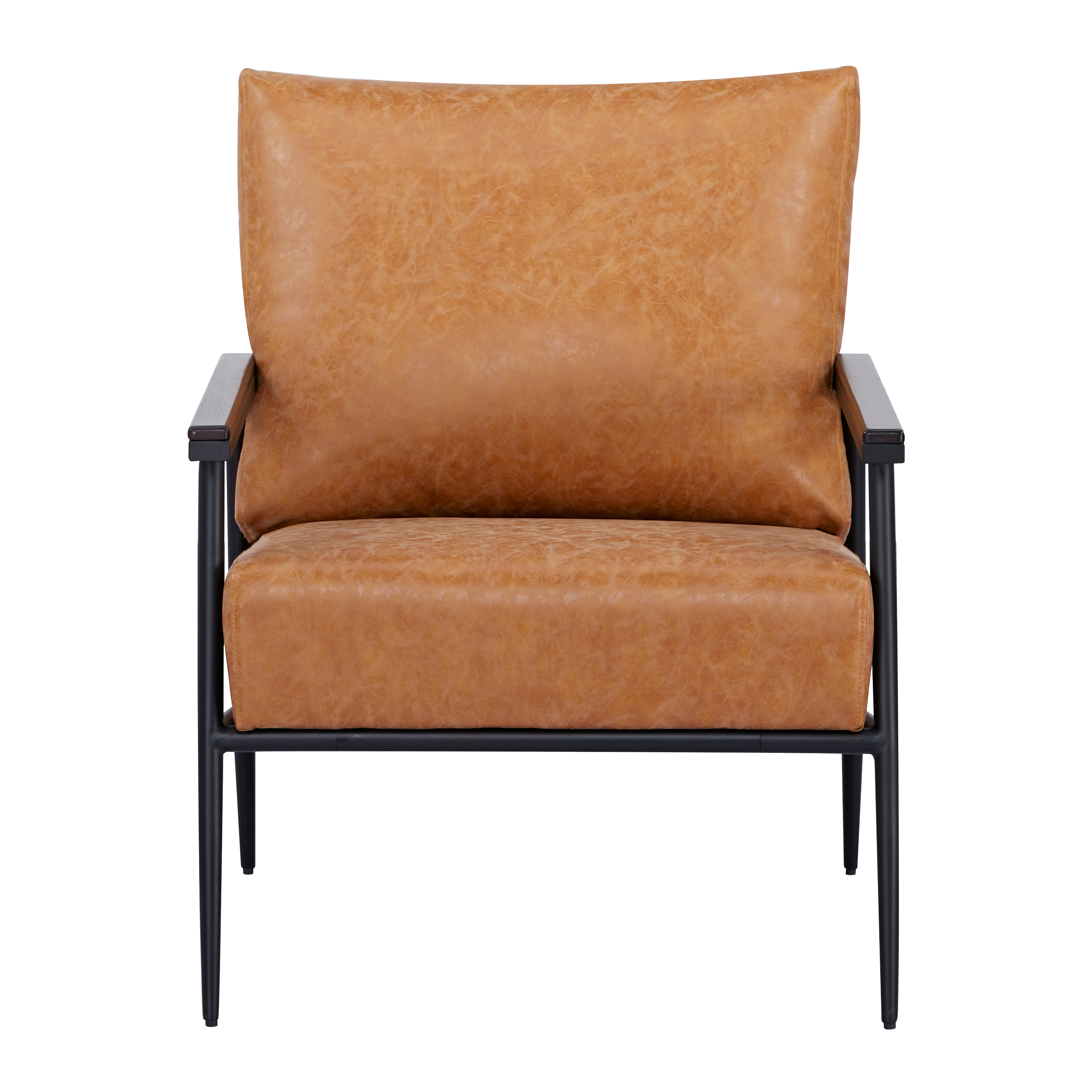 Parker Accent Chair in Faux Leather Camel shown from the front with a wide back cushion, thick seat, mottled upholstery, dark armrests, and slim black frame