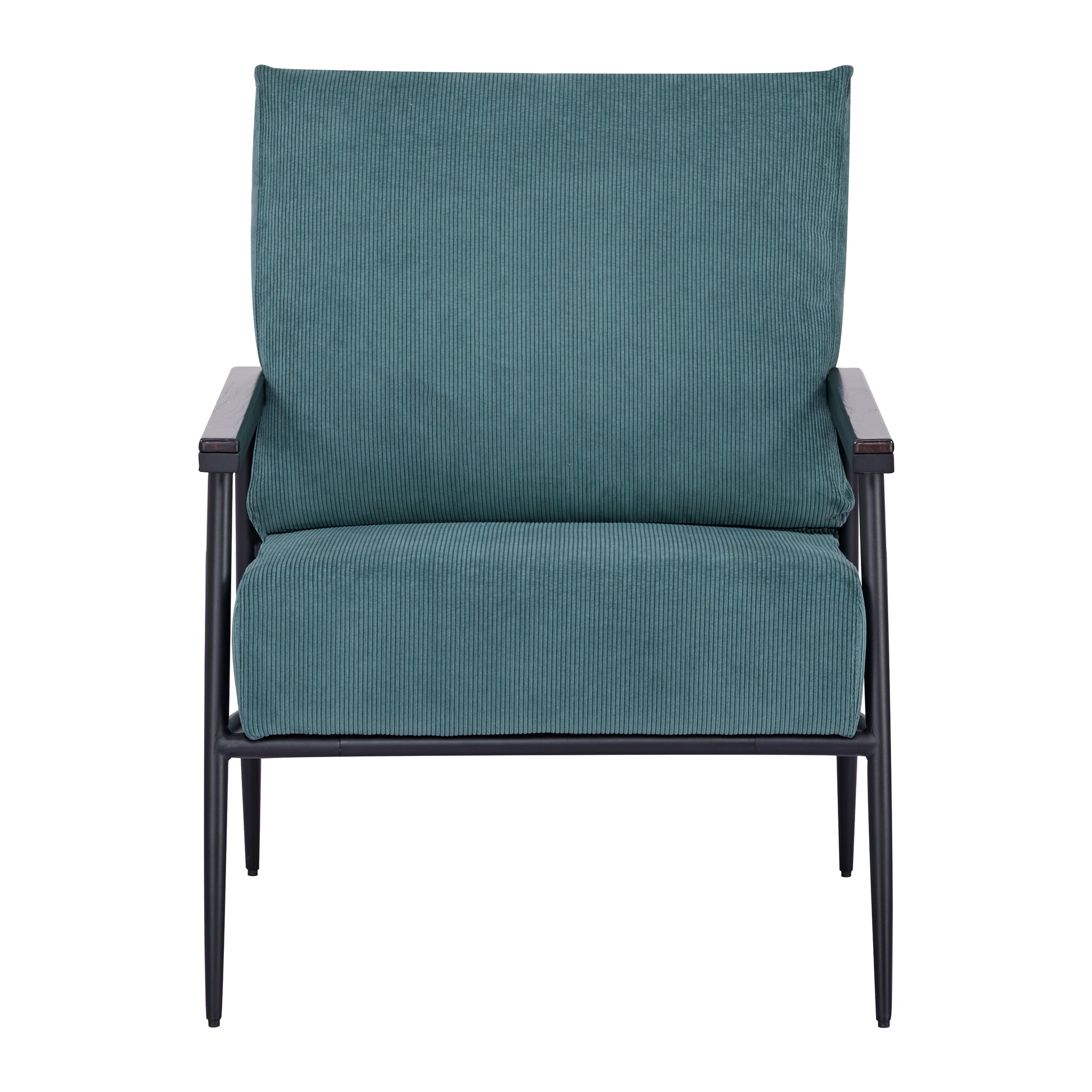 Parker Accent Chair in Corduroy Green shown from the front with a wide back cushion, thick seat, ribbed upholstery, dark armrests, and slim black frame