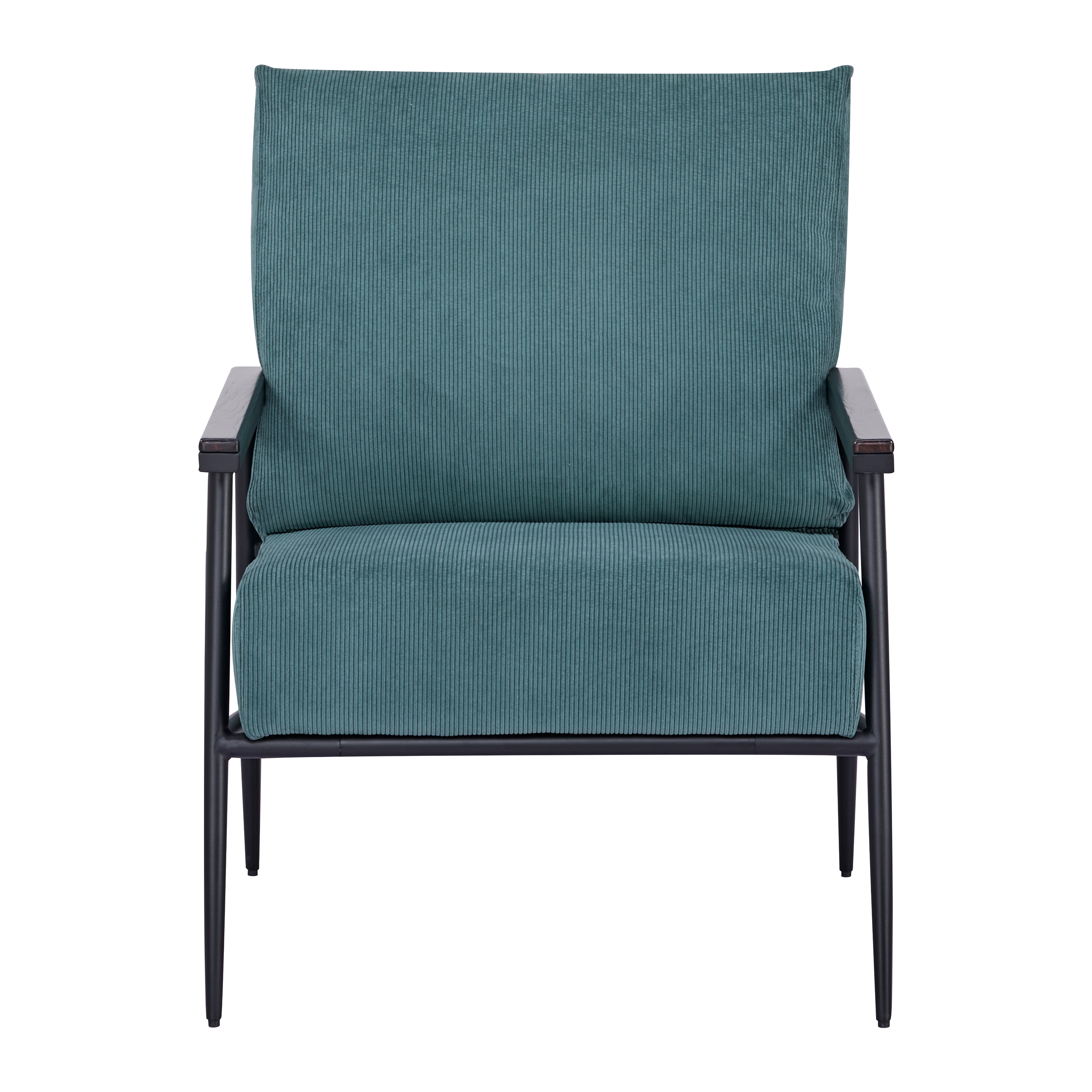 Parker Accent Chair in Corduroy Green shown from the front with a wide back cushion, thick seat, ribbed upholstery, dark armrests, and slim black frame