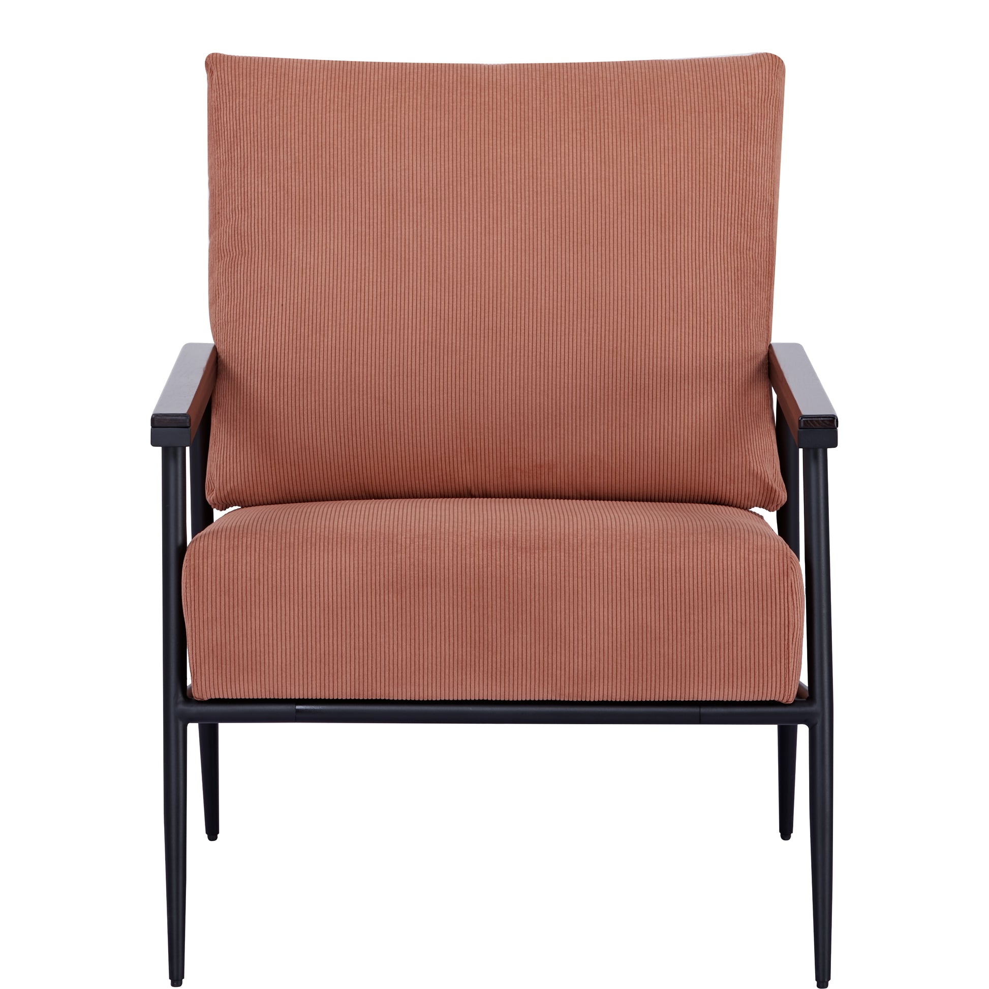 Parker Accent Chair in Corduroy Orange shown from the front with a wide back cushion, thick seat, ribbed upholstery, dark armrests, and slim black frame