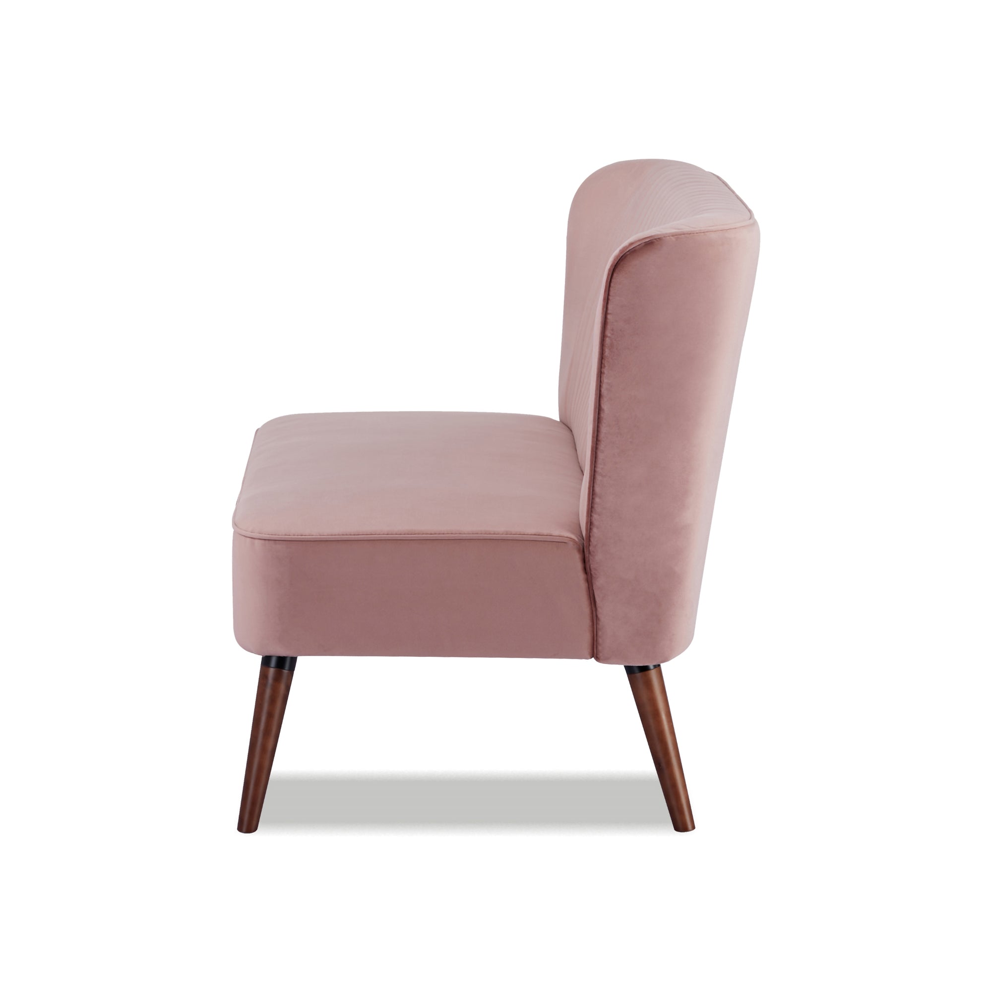 Hollywood Loveseat in Velvet Blush shown from the side with a deep cushioned seat, tall curved backrest, armless profile, and tapered brown legs