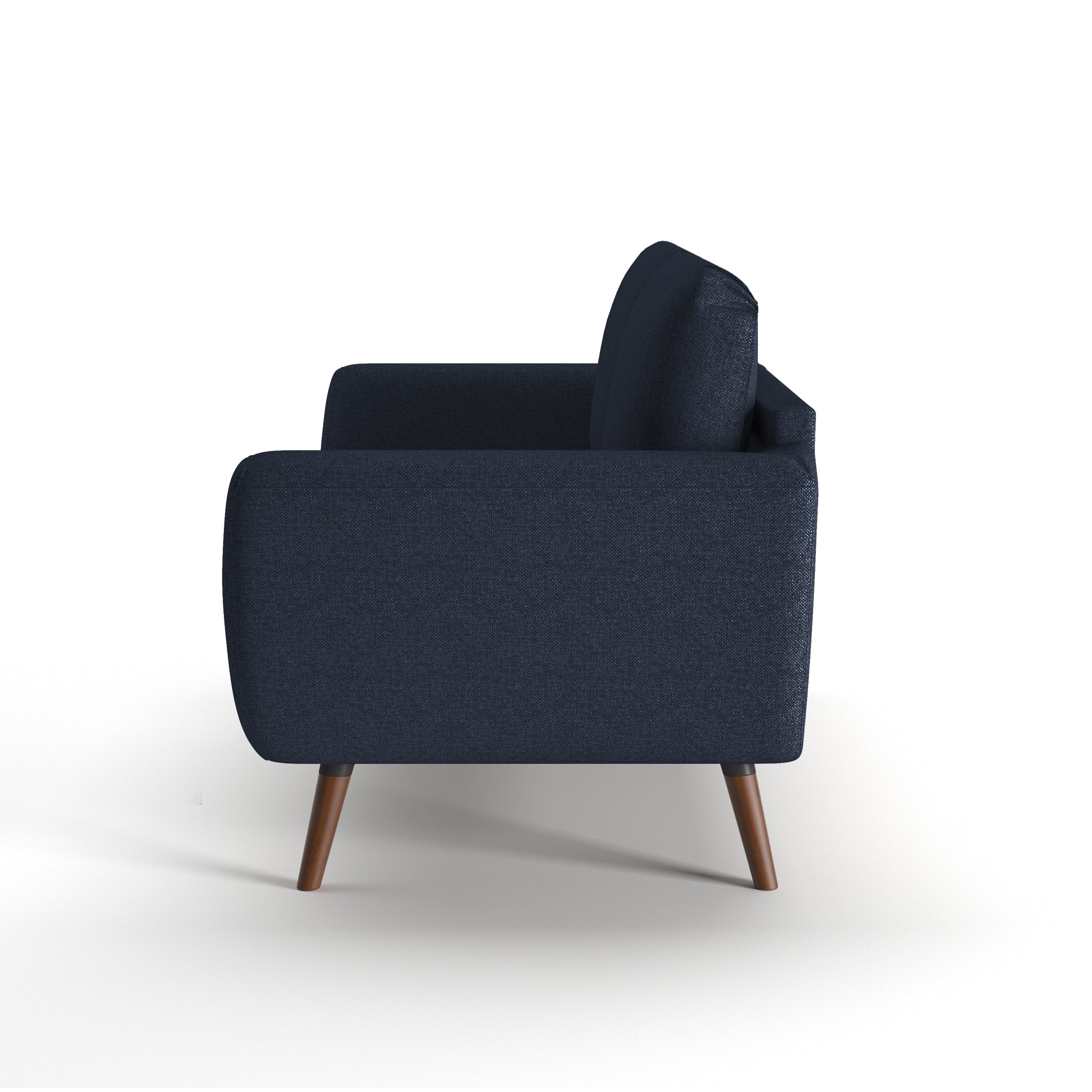 Oakland Loveseat in Navy Blue shown from the side, displaying its deep seat profile, angled arm, raised back cushions, and tapered brown legs