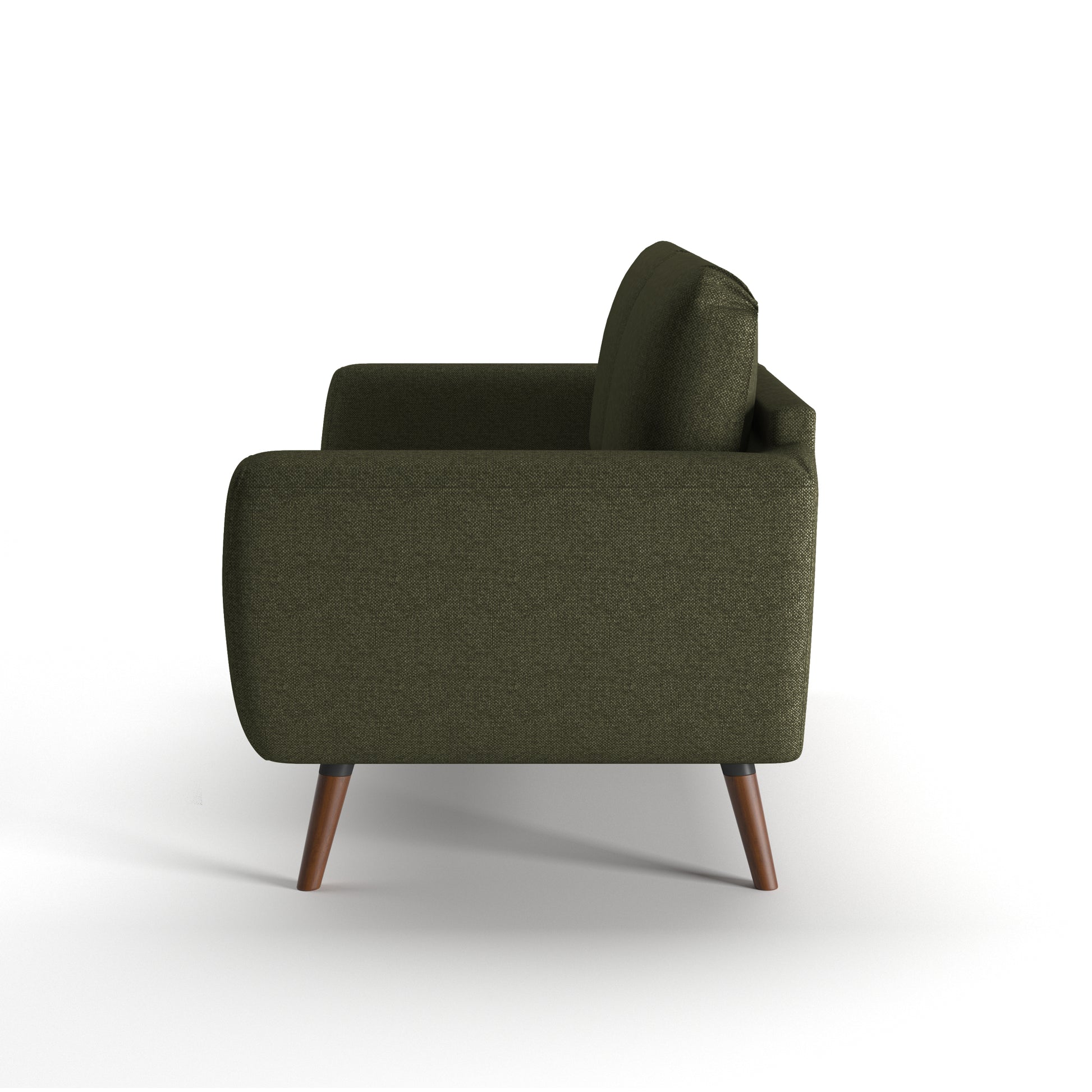 Oakland Loveseat in Olive Green shown from the side, displaying its deep seat profile, angled arm, raised back cushions, and tapered brown legs