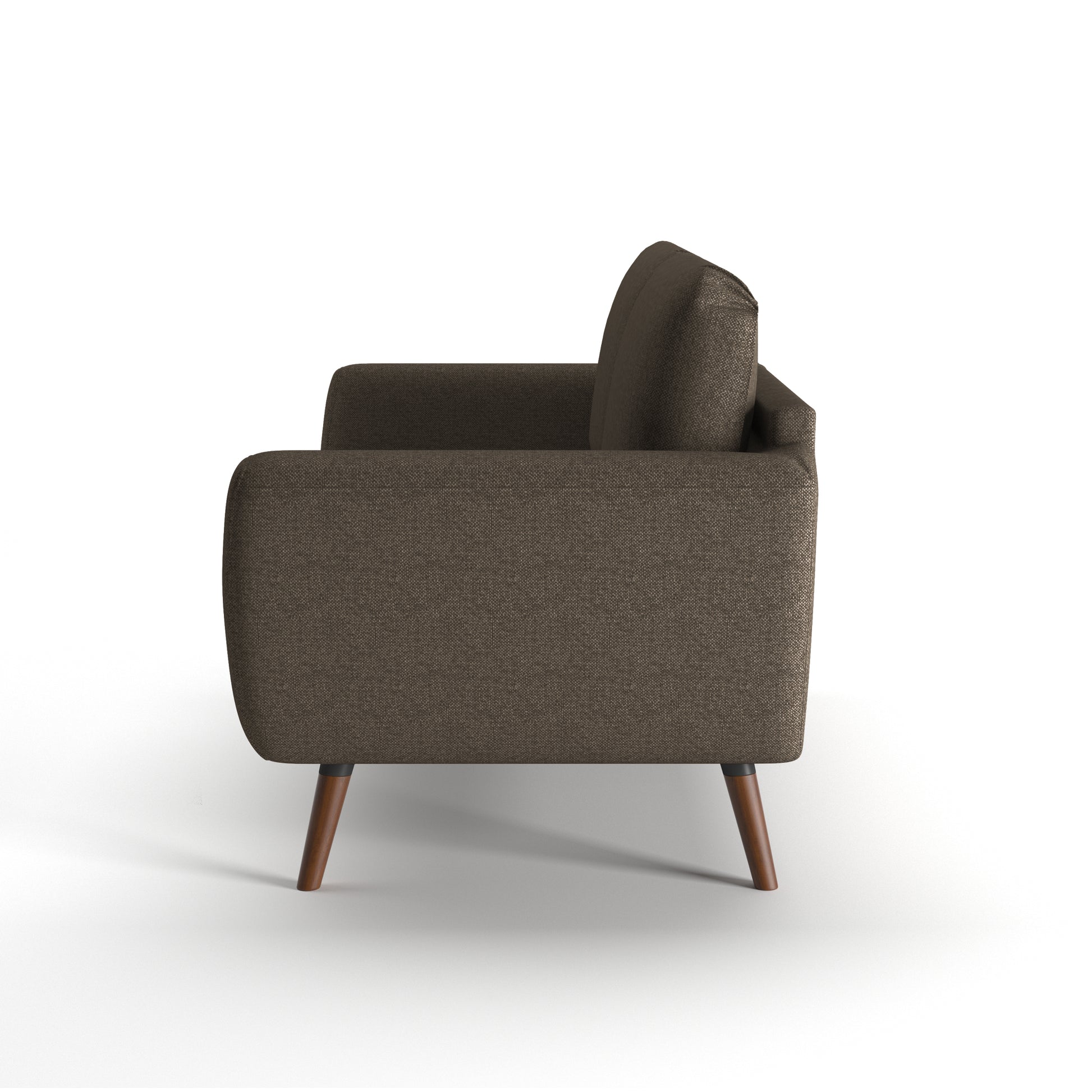 Oakland Loveseat in Driftwood Brown shown from the side, displaying its deep seat profile, angled arm, raised back cushions, and tapered brown legs