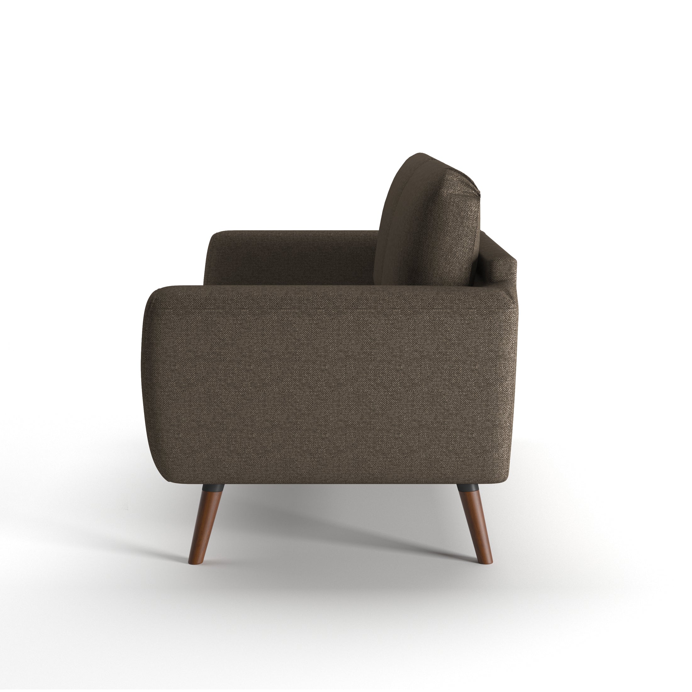 Oakland Loveseat in Driftwood Brown shown from the side, displaying its deep seat profile, angled arm, raised back cushions, and tapered brown legs