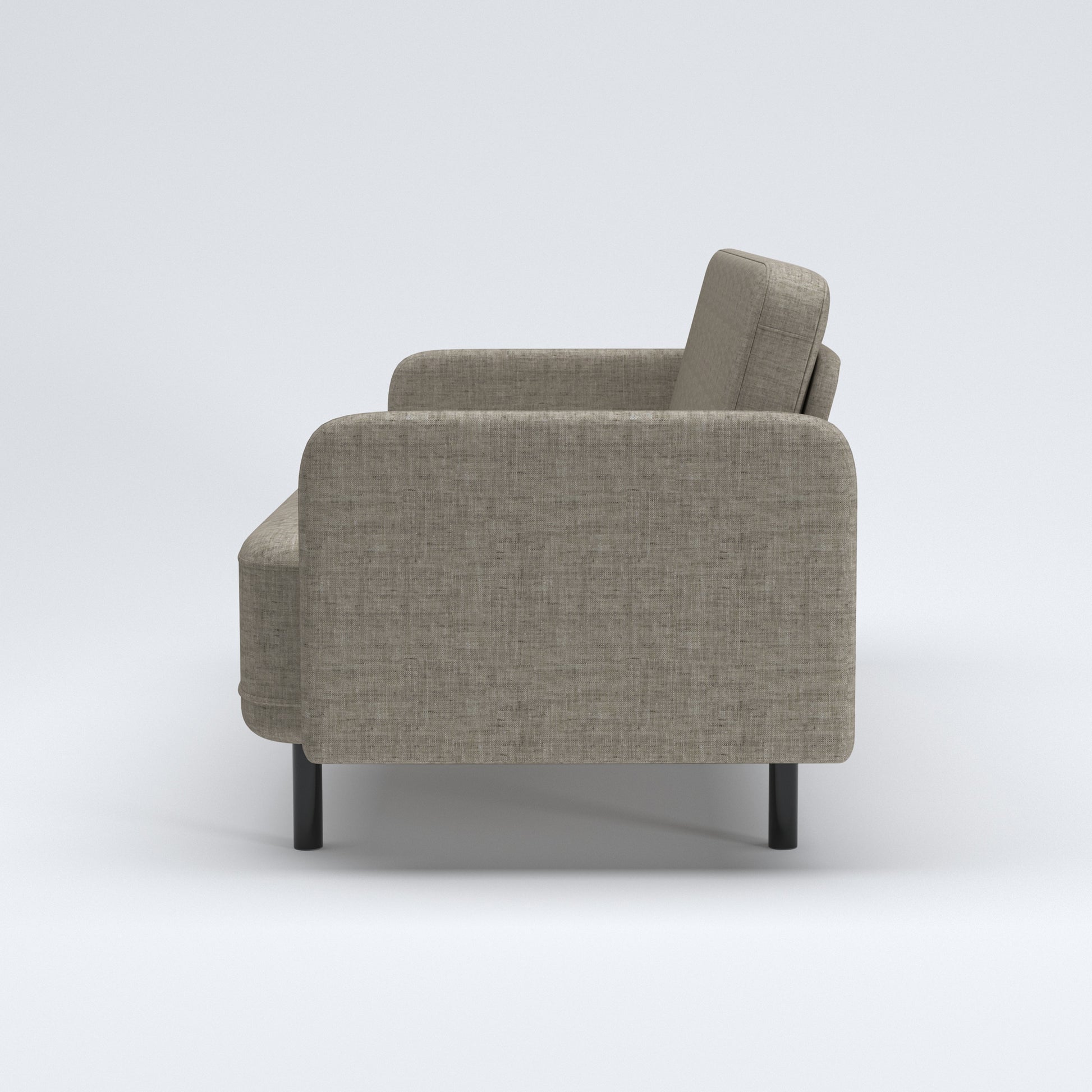 Metro Loveseat in Cloud Gray shown from the side, displaying its upright backrest, deep bench seat, slim upholstered arm, and short black legs.