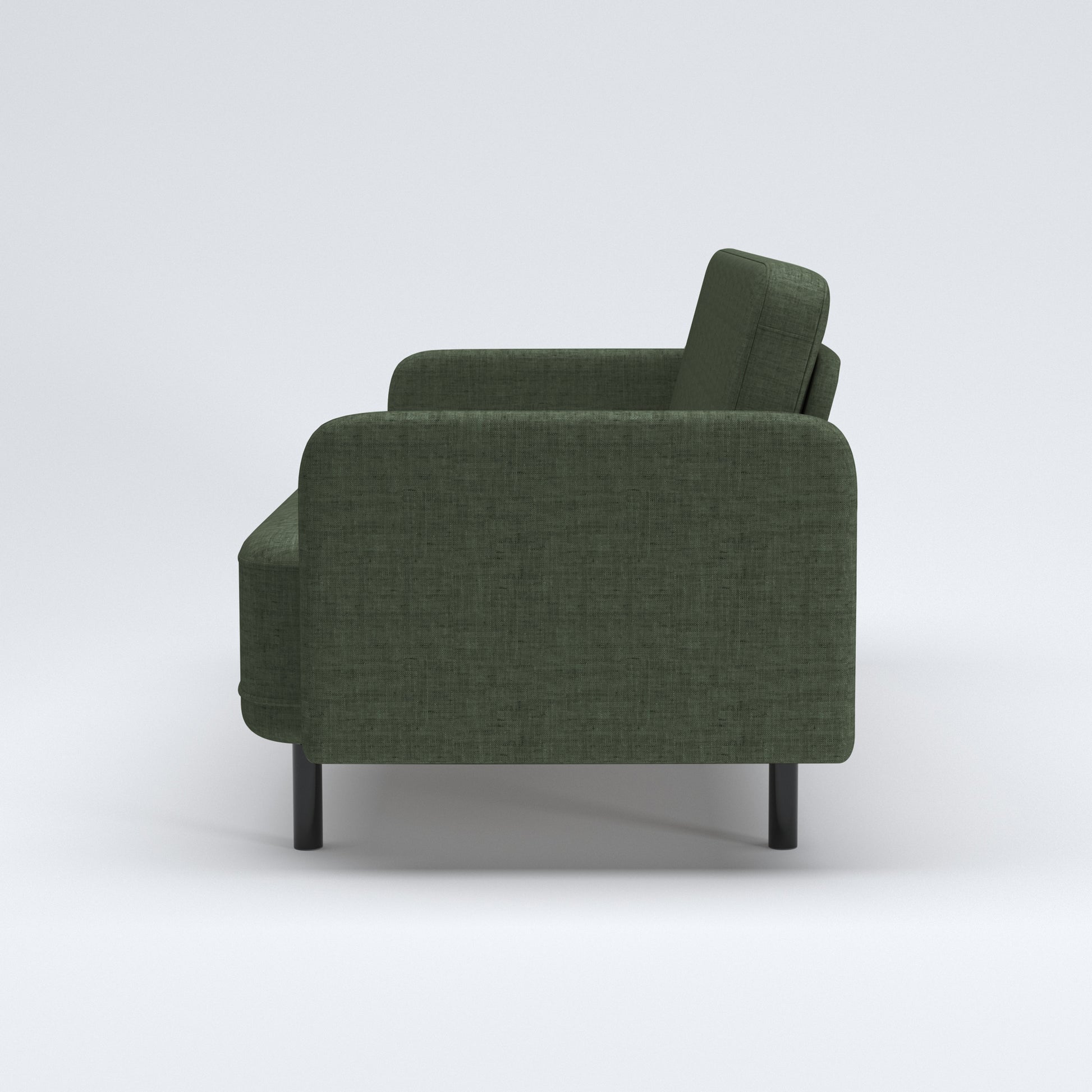 Metro Loveseat in Olive Green shown from the side, revealing its upright backrest, deep bench seat, narrow upholstered arm, and short black legs