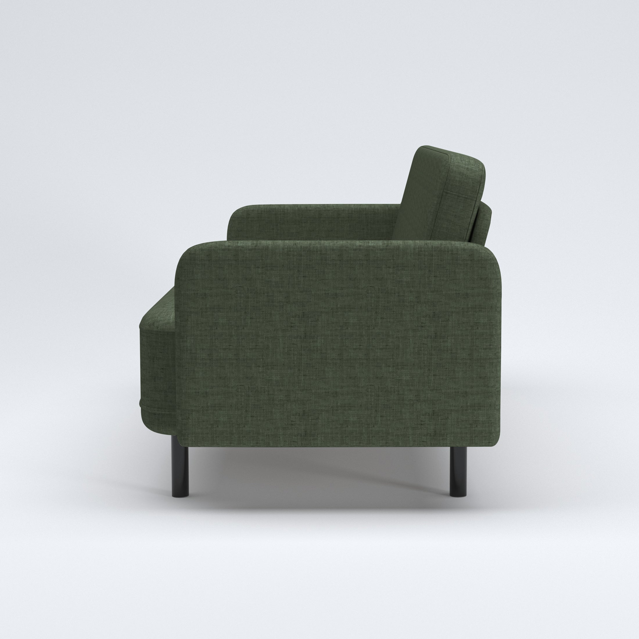 Metro Loveseat in Olive Green shown from the side, revealing its upright backrest, deep bench seat, narrow upholstered arm, and short black legs